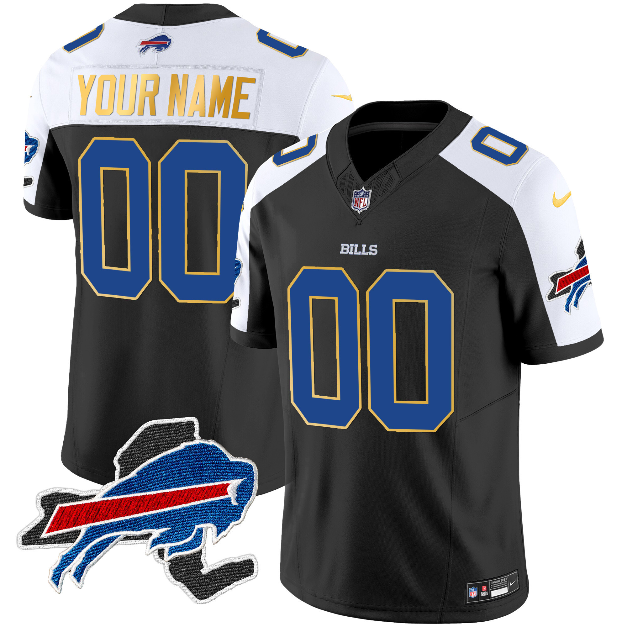 Men's Buffalo Bills New York Patch Gold Trim Vapor Custom Black Alternate Jersey - All Stitched