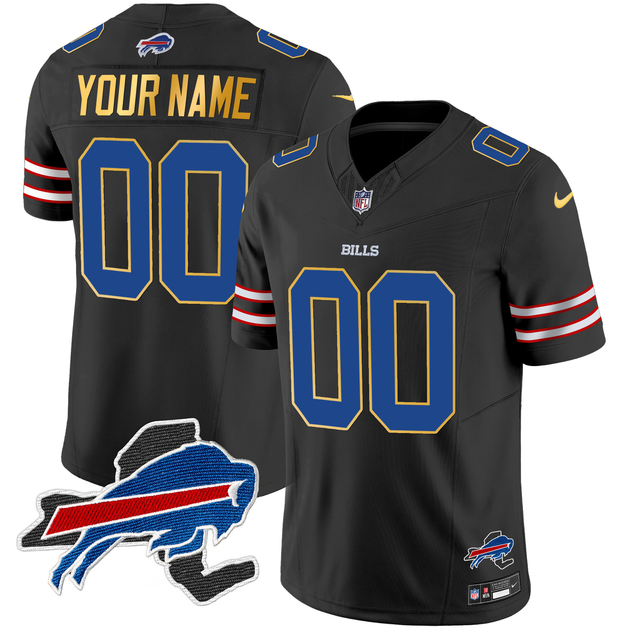 Men's Buffalo Bills New York Patch Gold Trim Vapor Custom Black Jersey - All Stitched