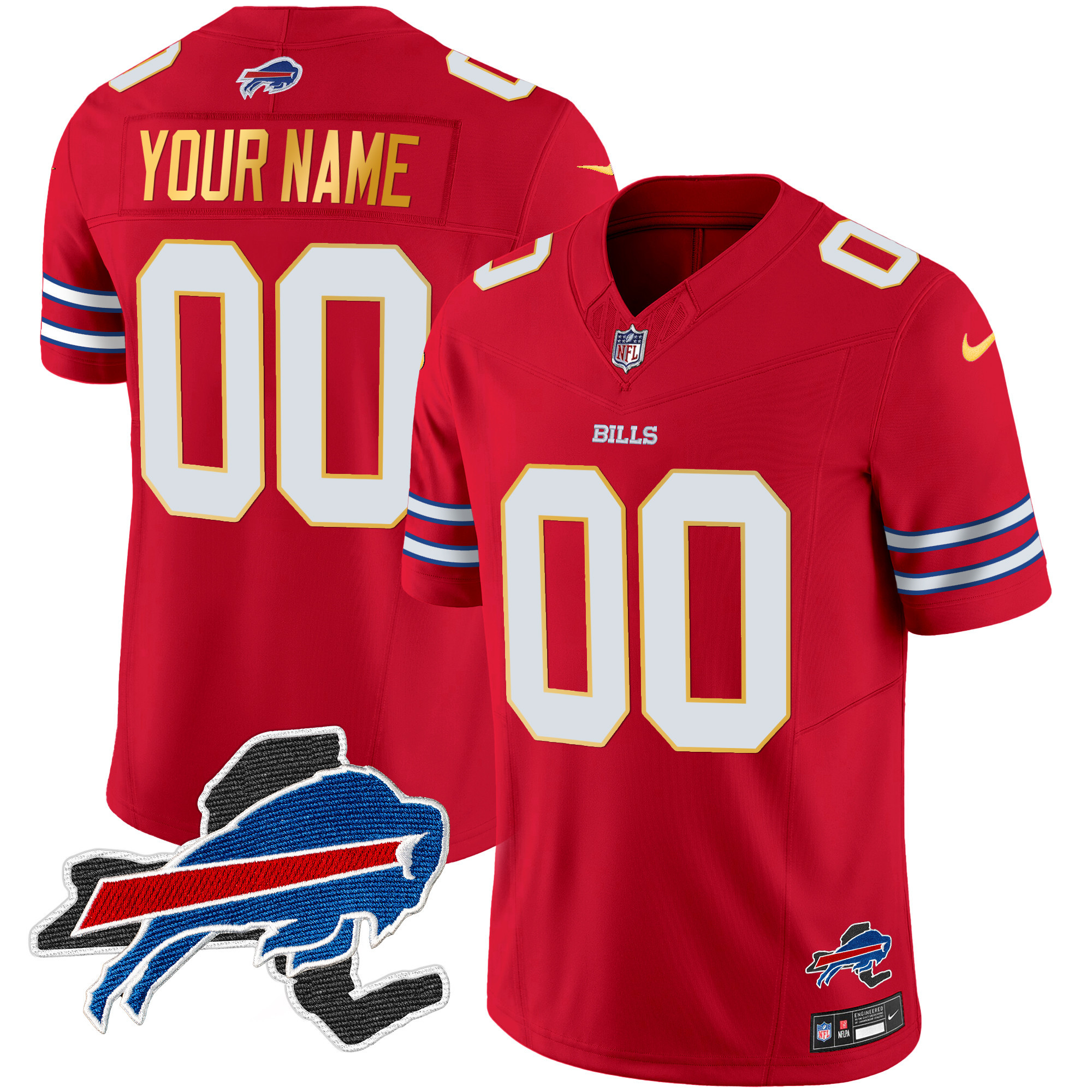 Men's Buffalo Bills New York Patch Gold Trim Vapor Custom Red Jersey - All Stitched