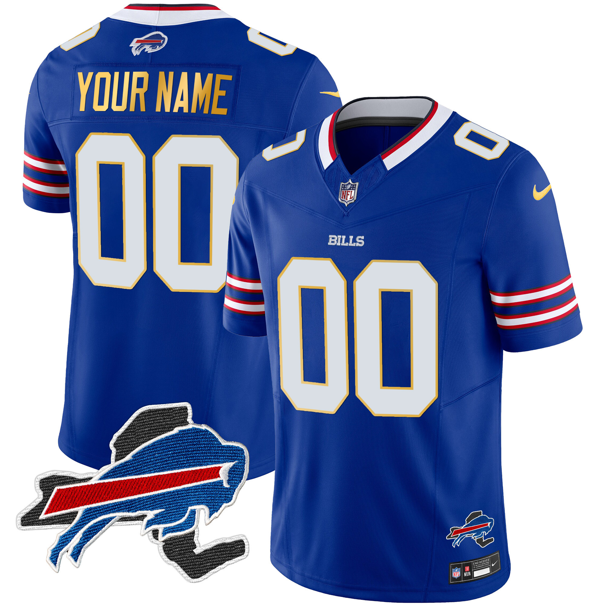 Men's Buffalo Bills New York Patch Gold Trim Vapor Custom Royal Jersey - All Stitched