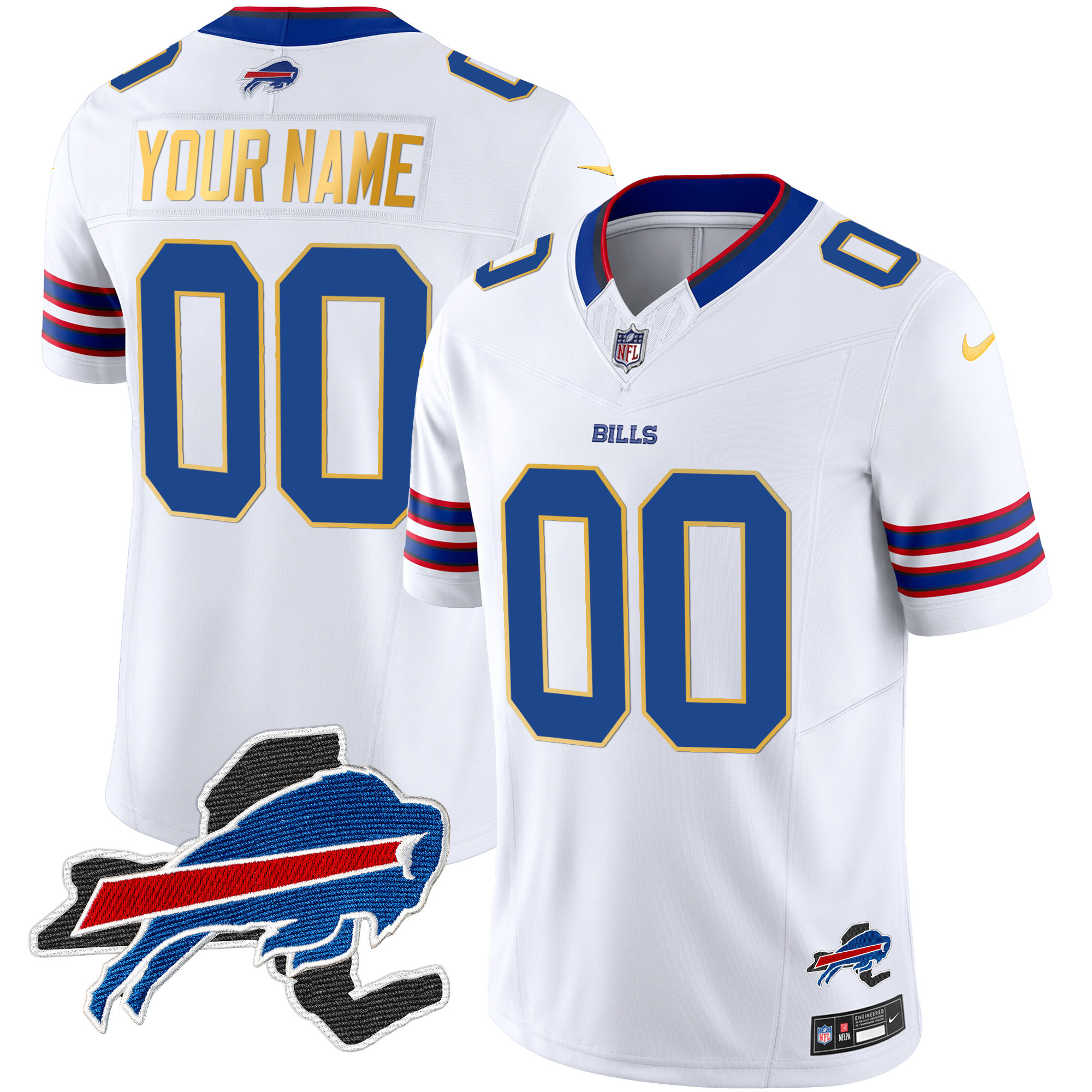 Men's Buffalo Bills New York Patch Gold Trim Vapor Custom White Jersey - All Stitched