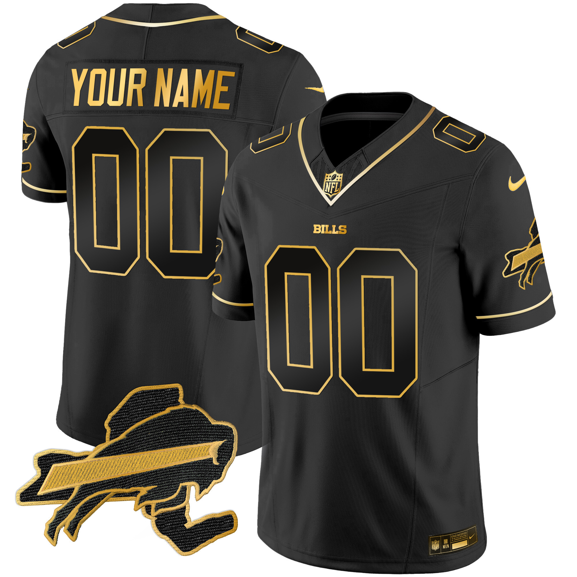 Men's Buffalo Bills New York Patch Gold Vapor Limited Custom Black Gold Jersey - All Stitched