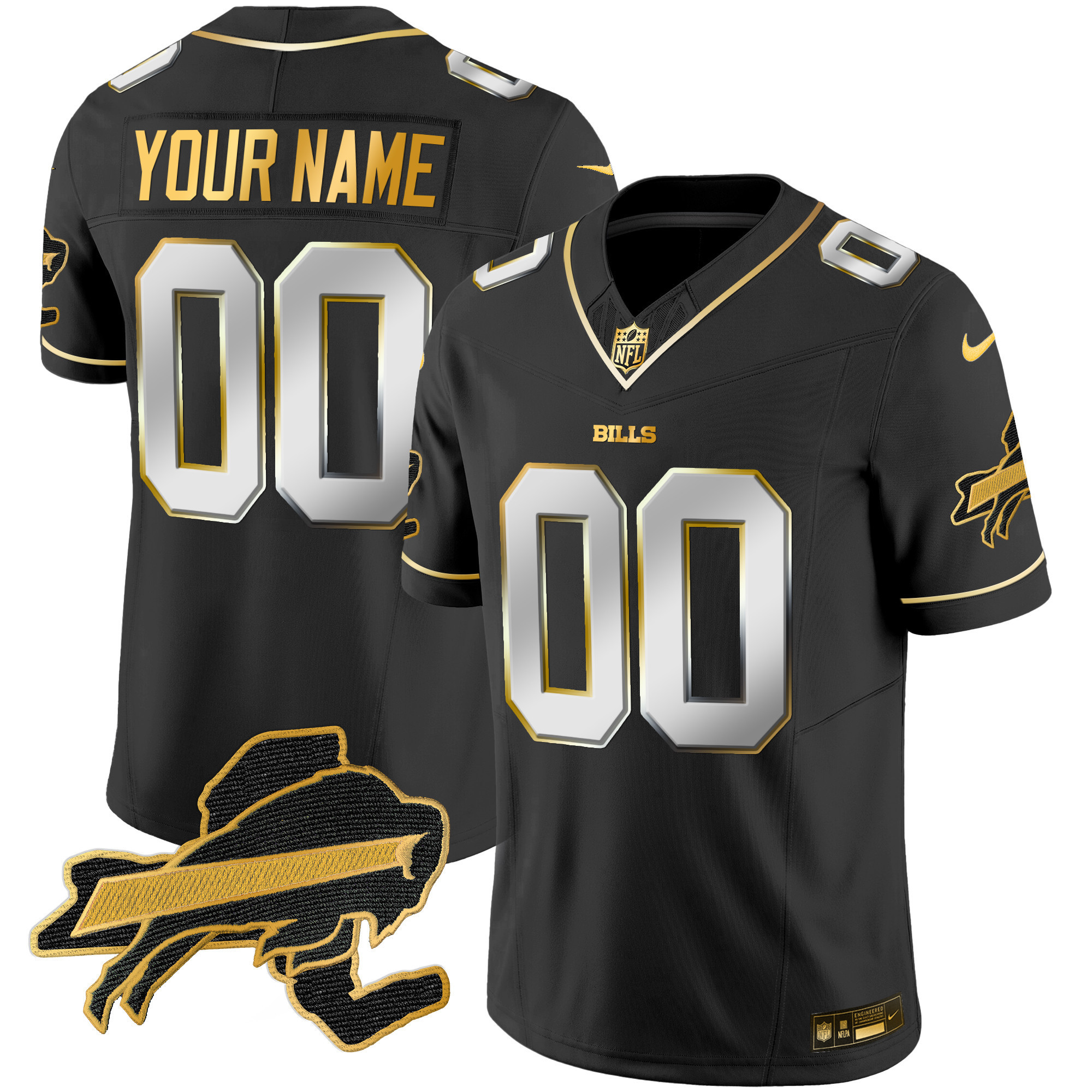 Men's Buffalo Bills New York Patch Gold Vapor Limited Custom Black Limited Jersey - All Stitched