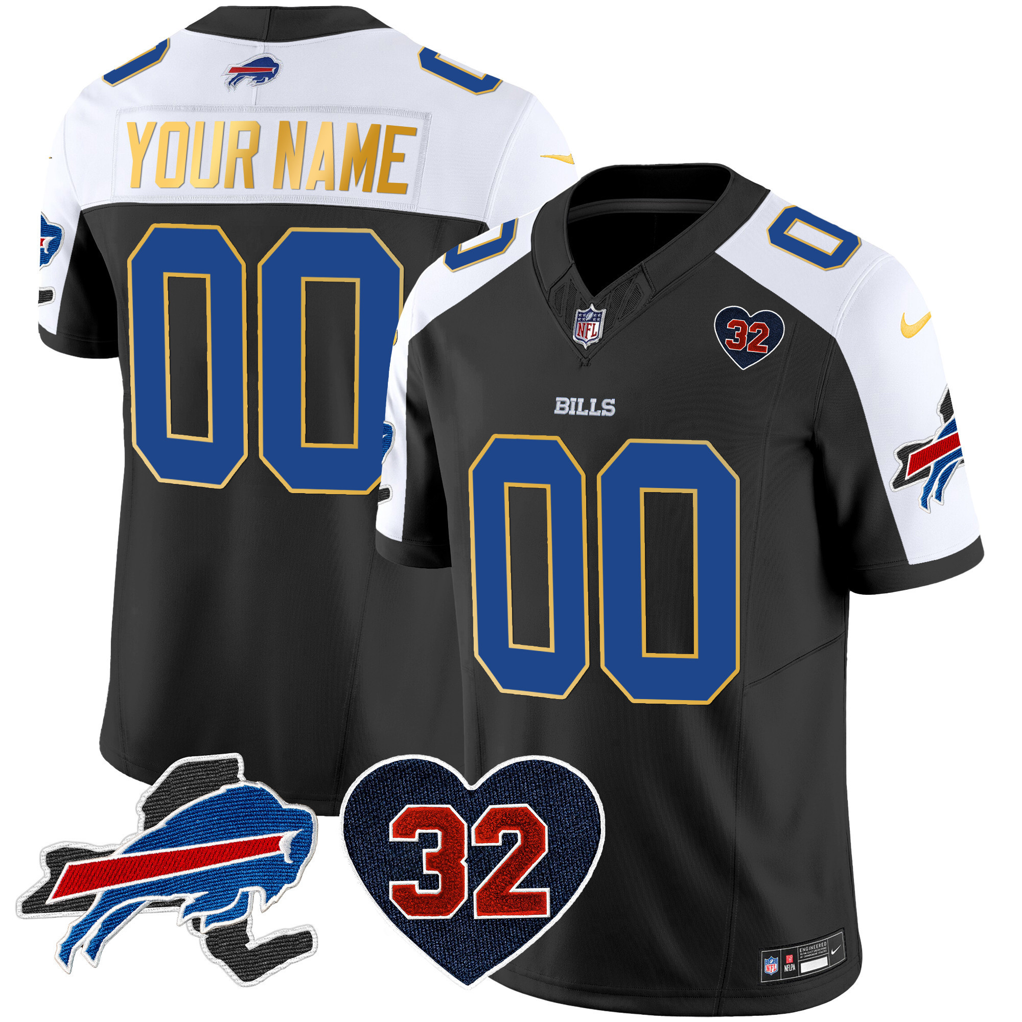 Men's Buffalo Bills O.J. Simpson Patch Gold Trim Vapor Limited Custom Black Alternate Jersey - All Stitched