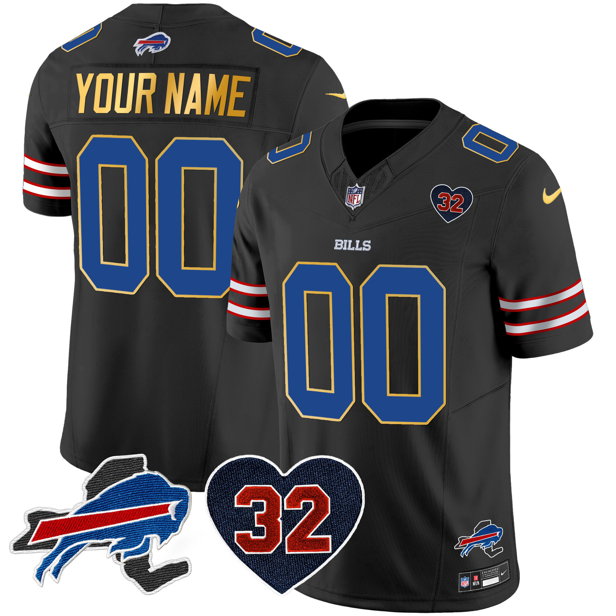 Men's Buffalo Bills O.J. Simpson Patch Gold Trim Vapor Limited Custom Black Jersey - All Stitched