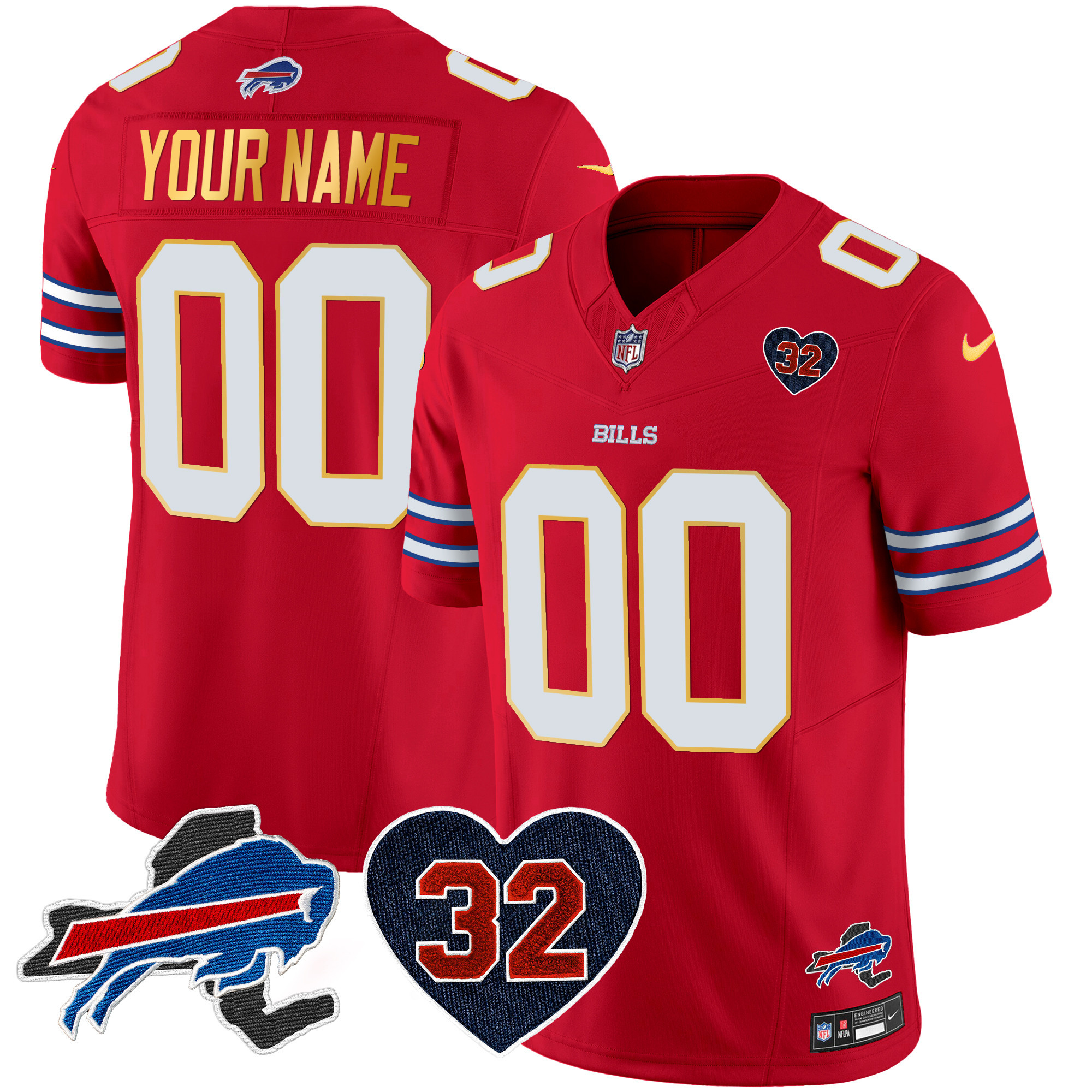 Men's Buffalo Bills O.J. Simpson Patch Gold Trim Vapor Limited Custom Red Jersey - All Stitched