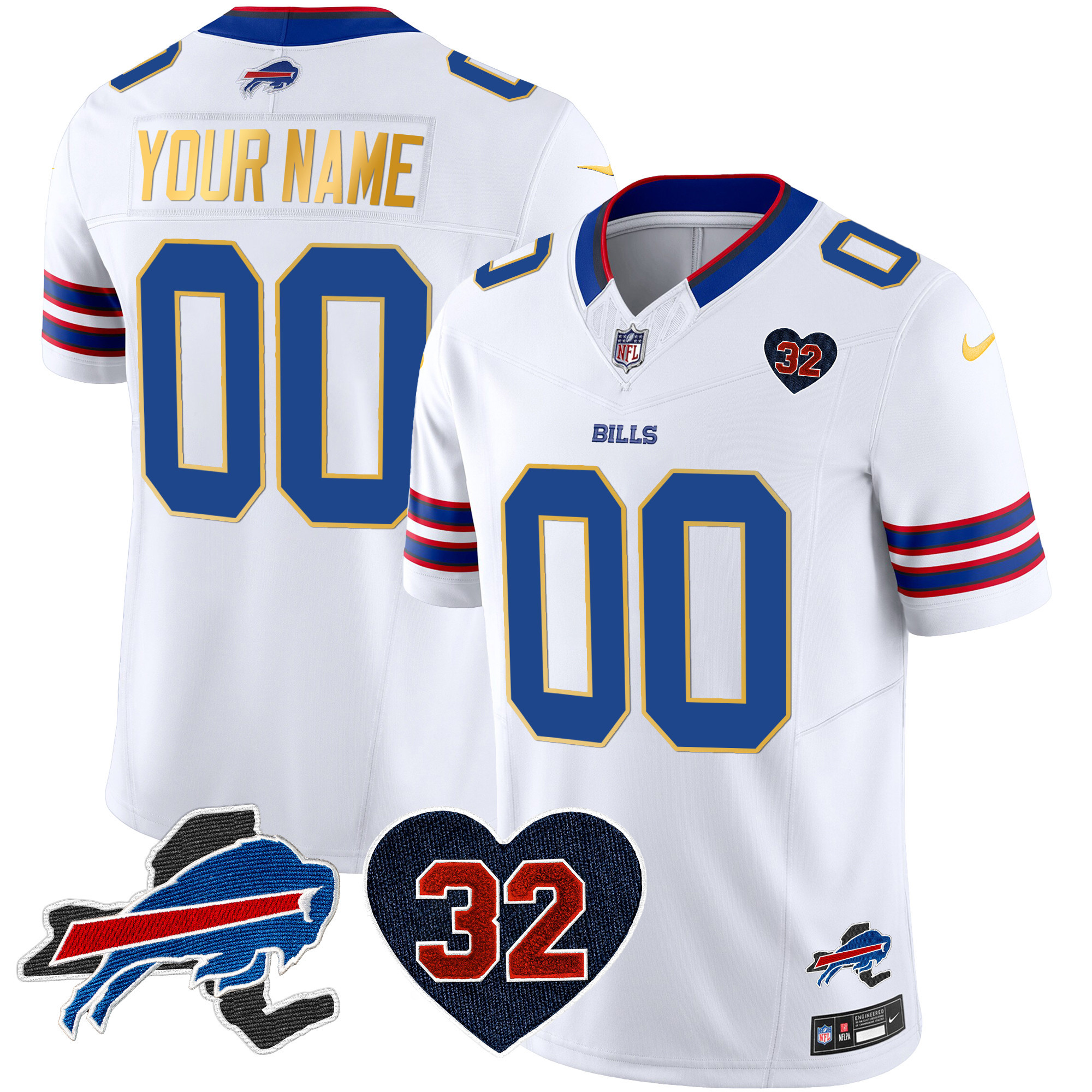 Men's Buffalo Bills O.J. Simpson Patch Gold Trim Vapor Limited Custom White Jersey - All Stitched