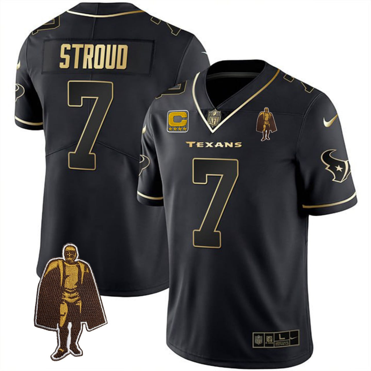 Men's C.J. Stroud Houston Texans Black Gold Walter Payton Patch Black Gold Jersey - All Stitched