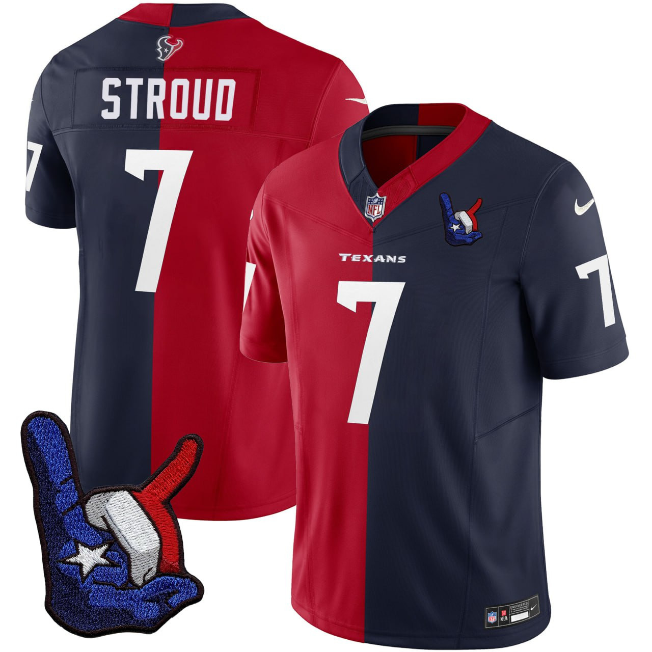 Men's C.J. Stroud Houston Texans Split Red Navy Hand Sign Patch Split Jersey - All Stitched