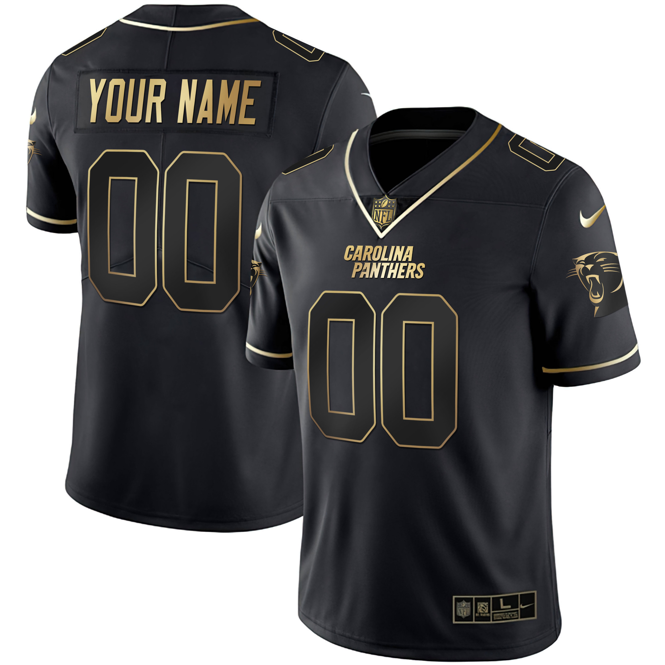 Men's Carolina Panthers White Gold & Black Gold Custom Name and Number Black Gold Jersey - All Stitched