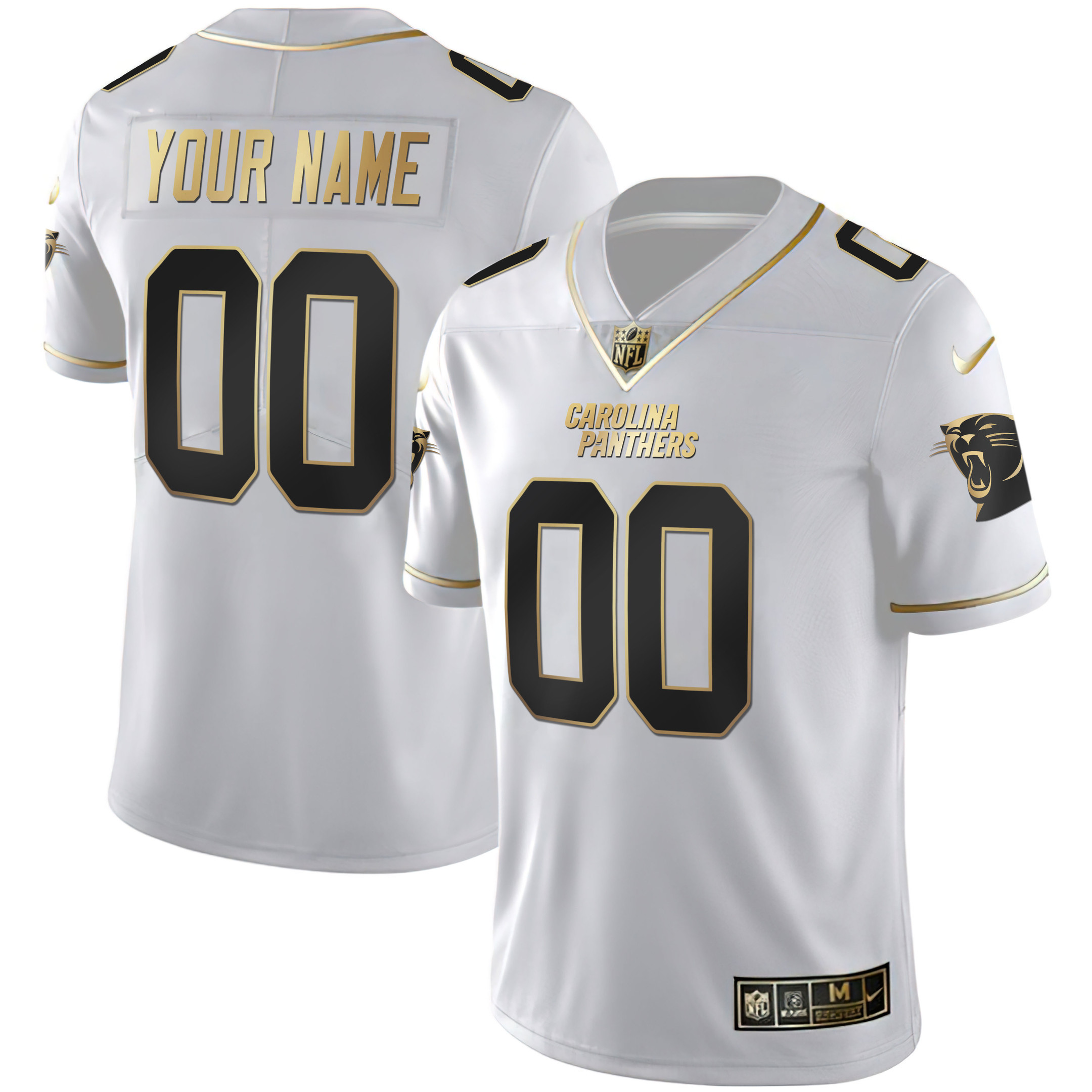 Men's Carolina Panthers White Gold & Black Gold Custom Name and Number White Gold Jersey - All Stitched