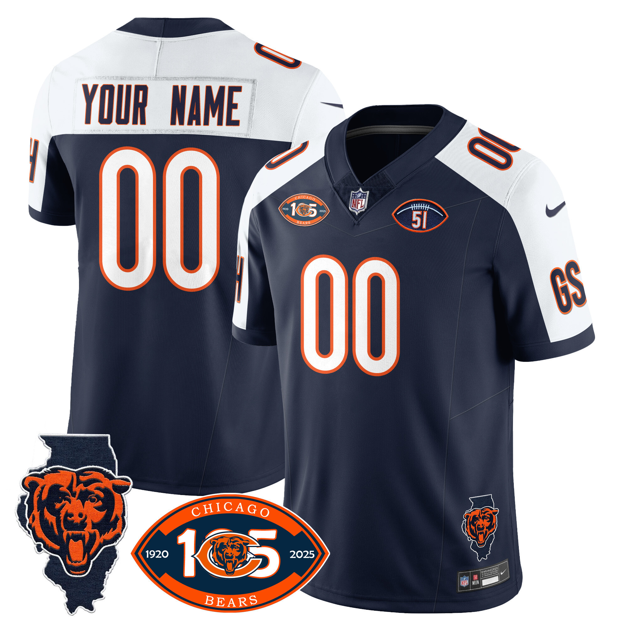 Men's Chicago Bears 1920-2025 The Chicago Bears Vapor Limited Custom Navy Alternate Jersey - All Stitched