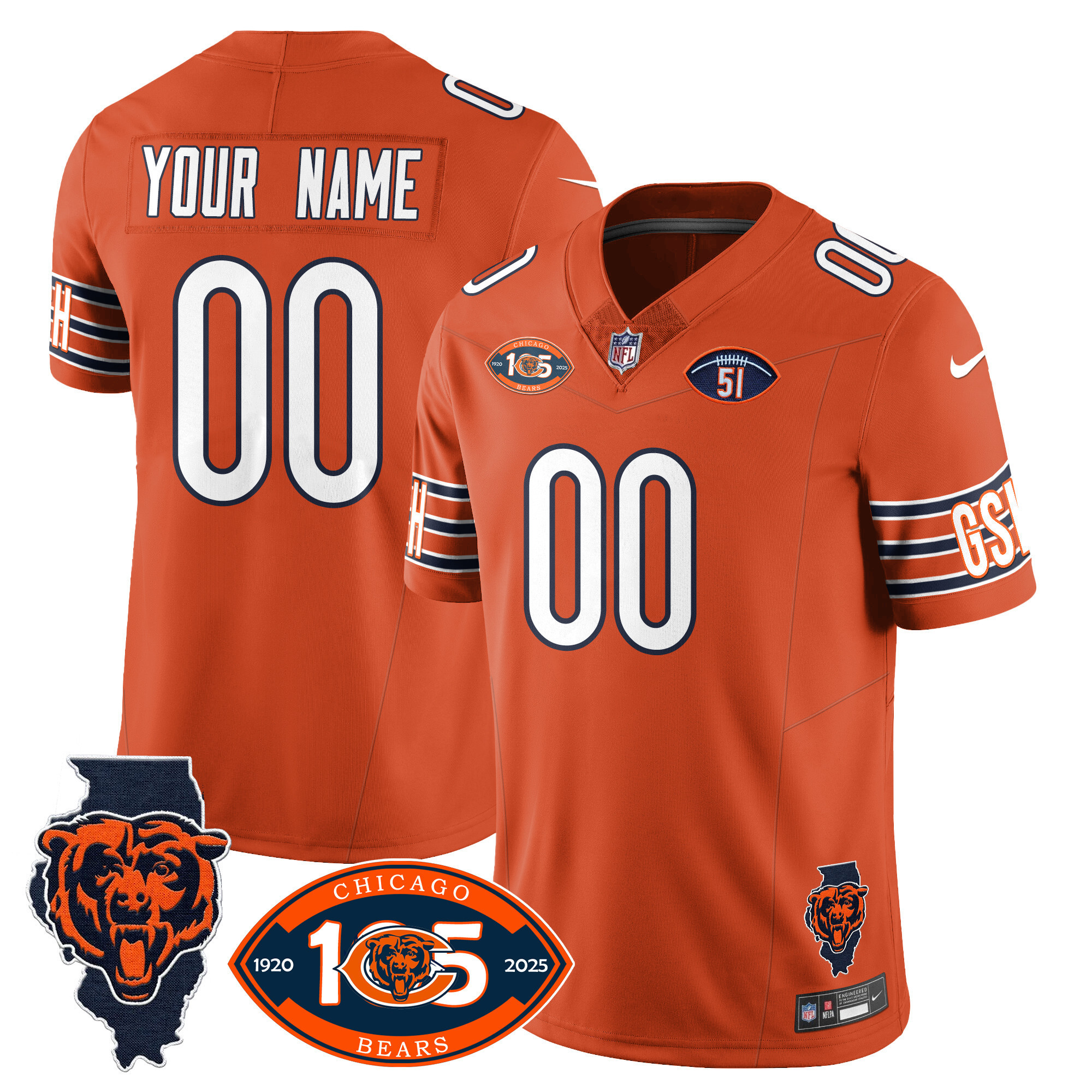 Men's Chicago Bears 1920-2025 The Chicago Bears Vapor Limited Custom Orange Jersey - All Stitched