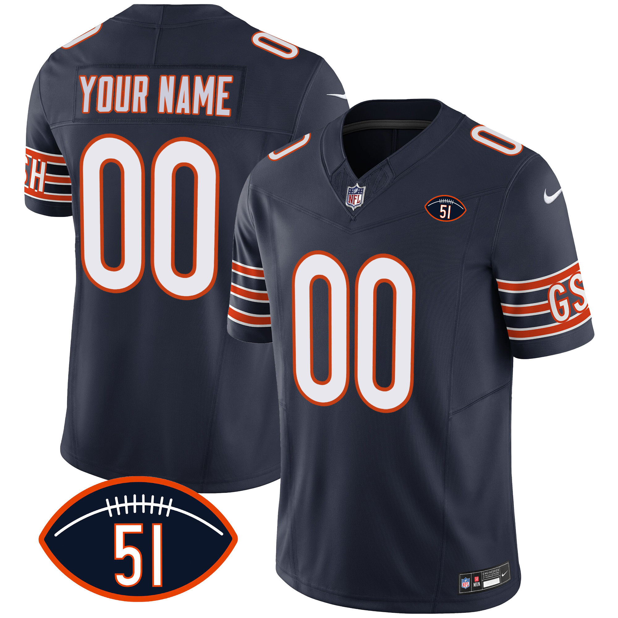 Men's Chicago Bears Dick Butkus Patch GSH Vapor Custom Navy Jersey - All Stitched