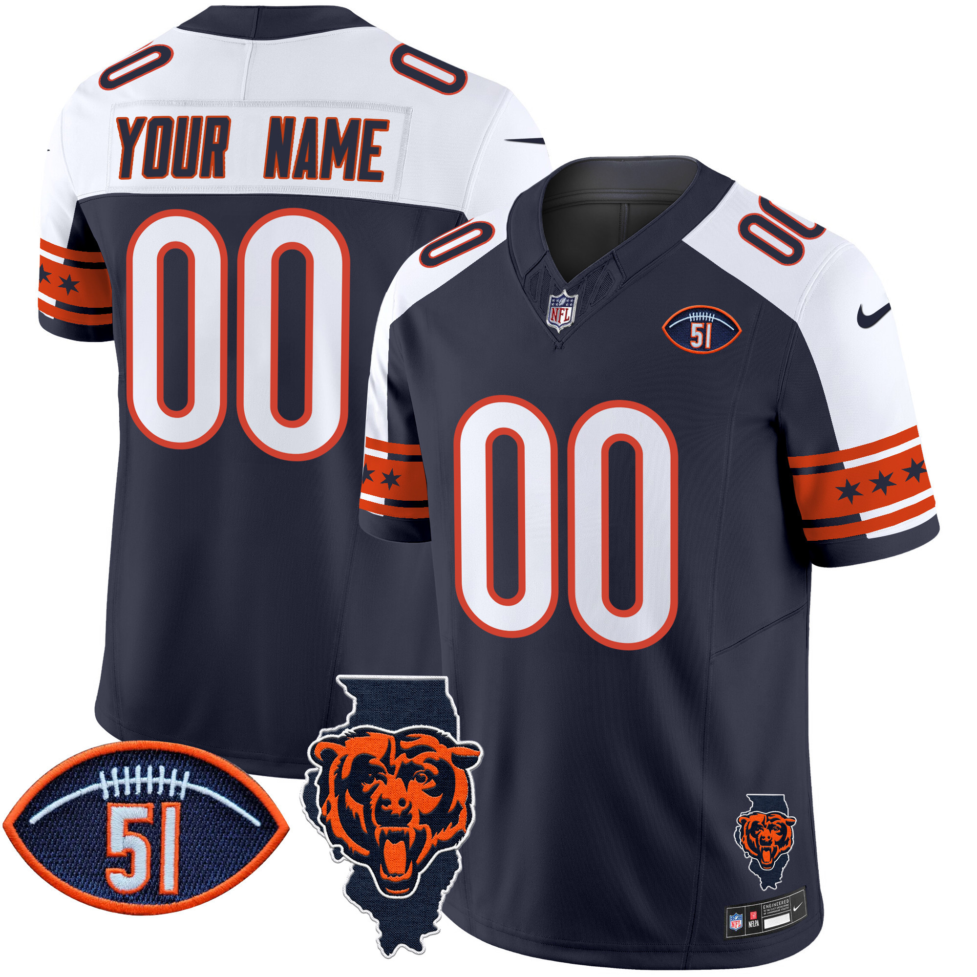Men's Chicago Bears Illinois & Dick Butkus Patch Vapor Limited Custom Alternate Jersey - All Stitched