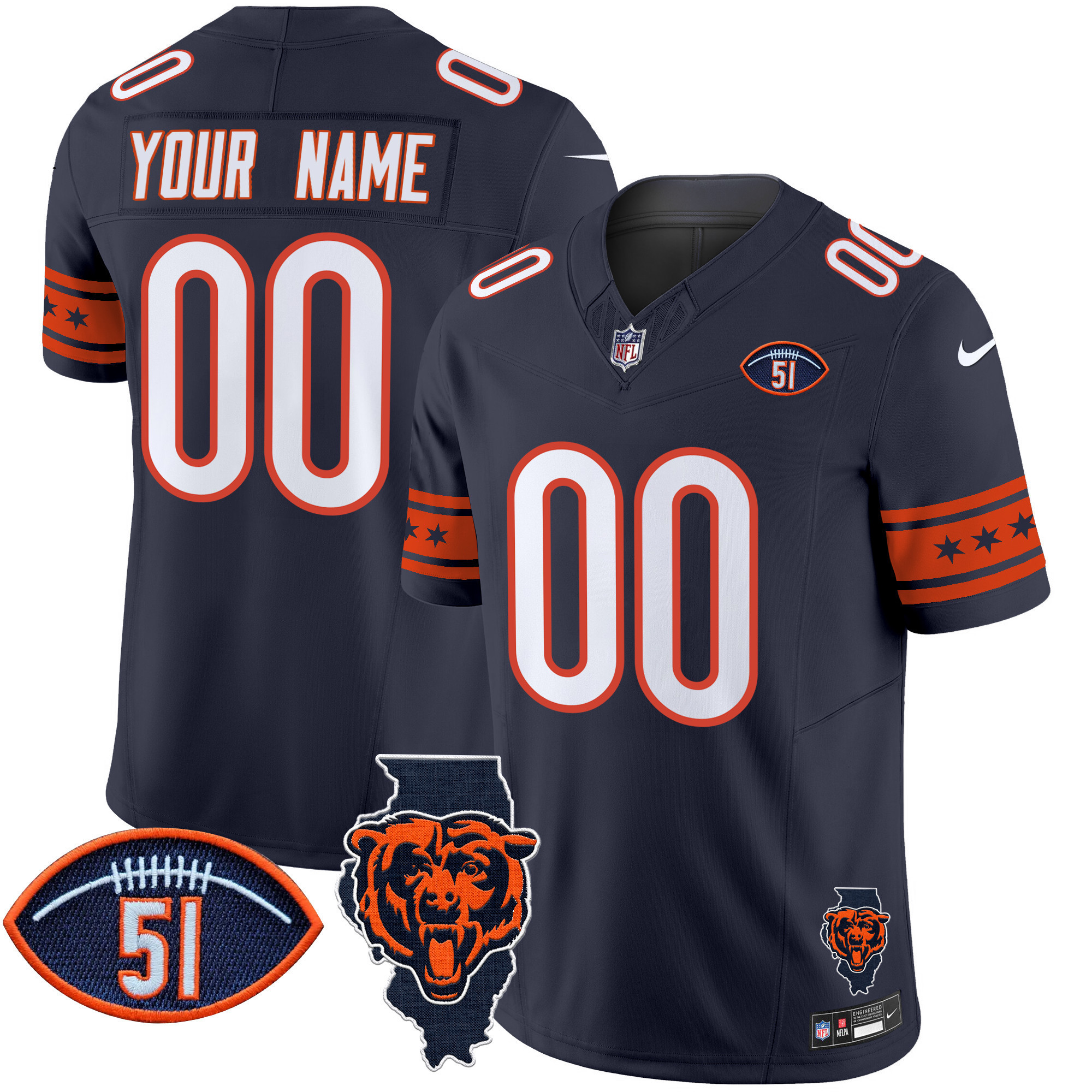 Men's Chicago Bears Illinois & Dick Butkus Patch Vapor Limited Custom Navy Jersey - All Stitched