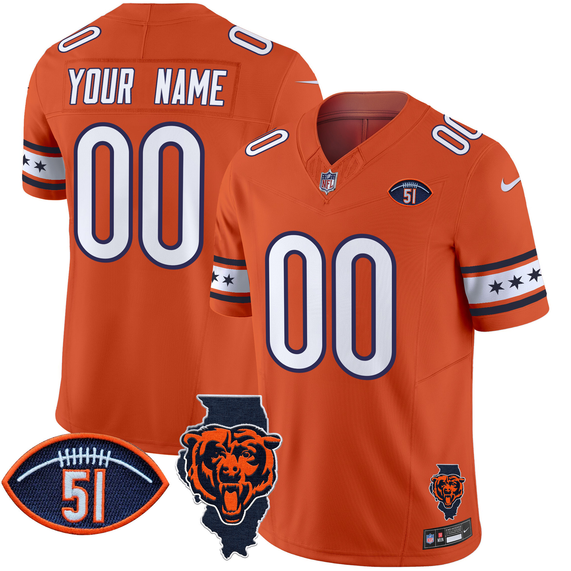 Men's Chicago Bears Illinois & Dick Butkus Patch Vapor Limited Custom Orange Jersey - All Stitched