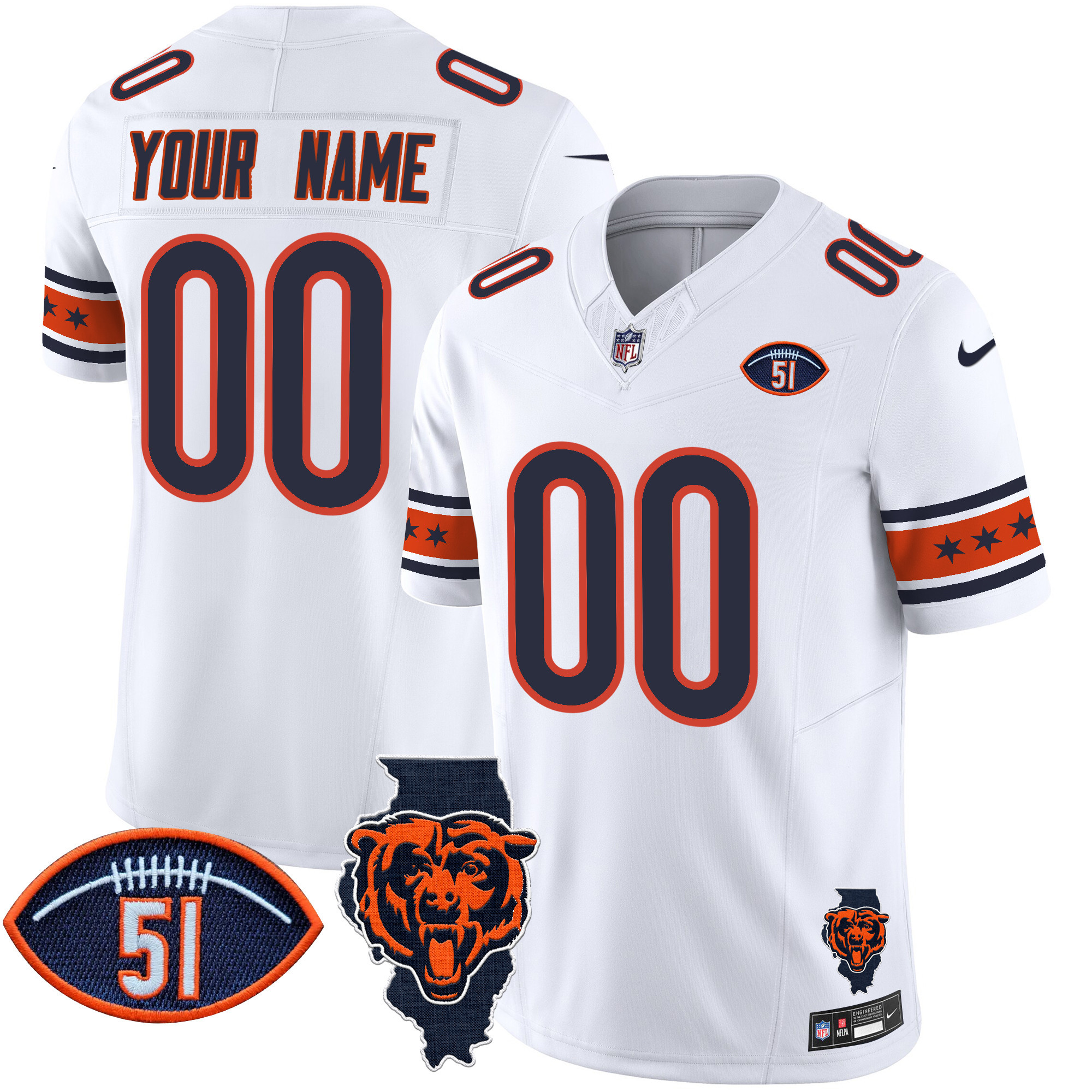 Men's Chicago Bears Illinois & Dick Butkus Patch Vapor Limited Custom White Jersey - All Stitched