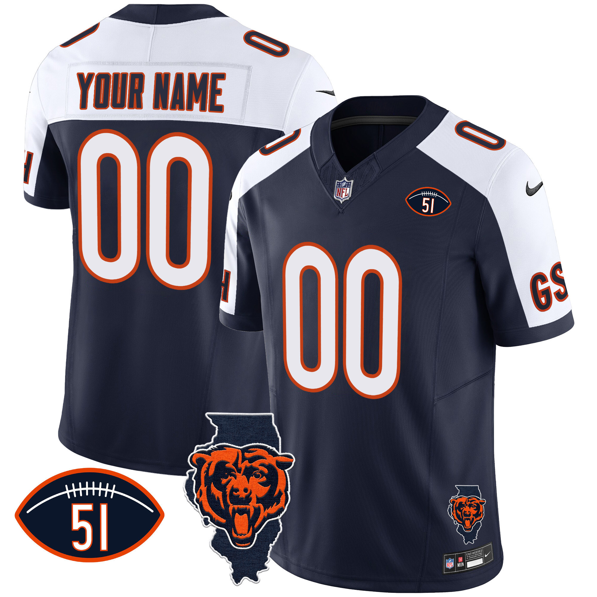 Men's Chicago Bears Illinois Patch Vapor Custom Alternate Jersey - All Stitched