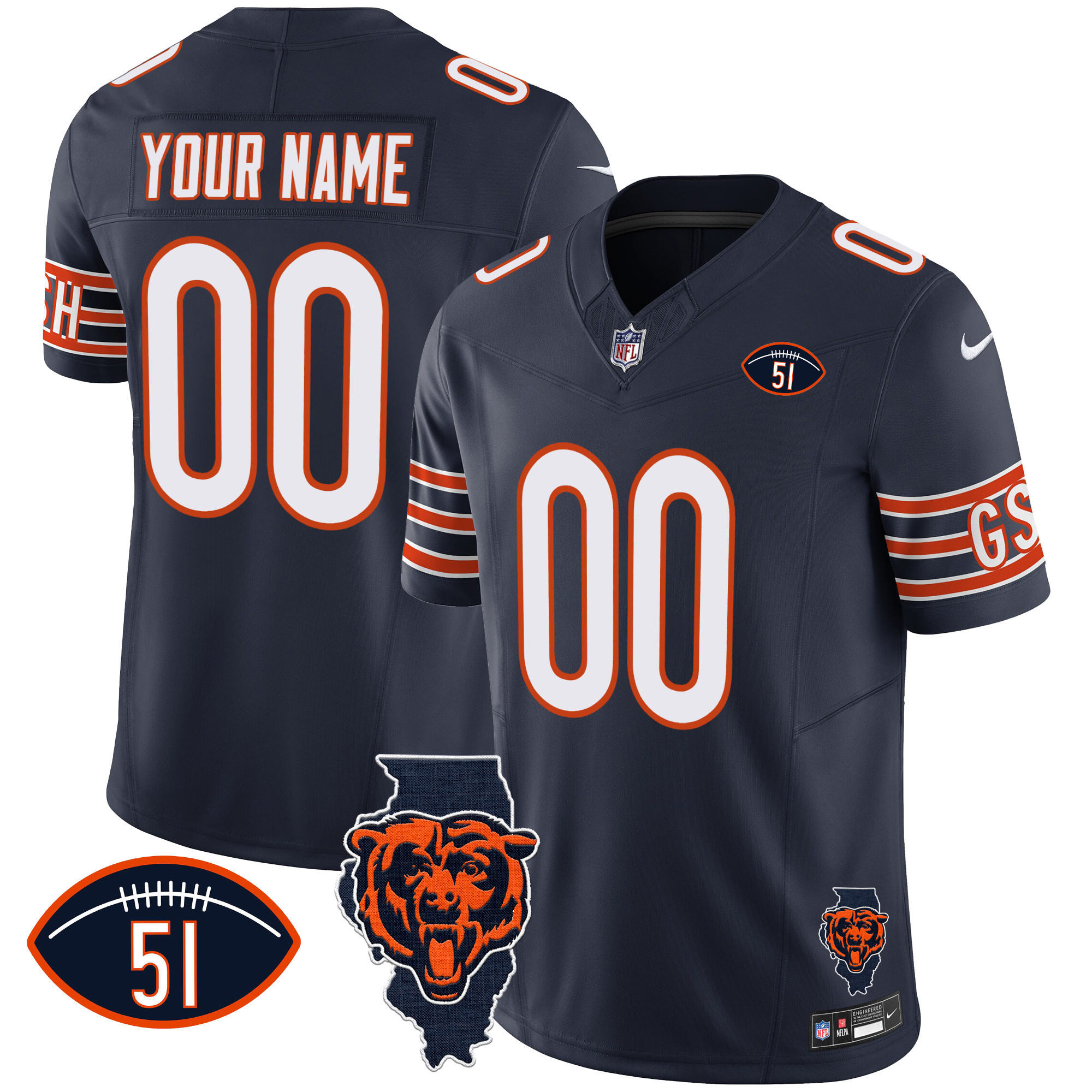 Men's Chicago Bears Illinois Patch Vapor Custom Navy Jersey - All Stitched