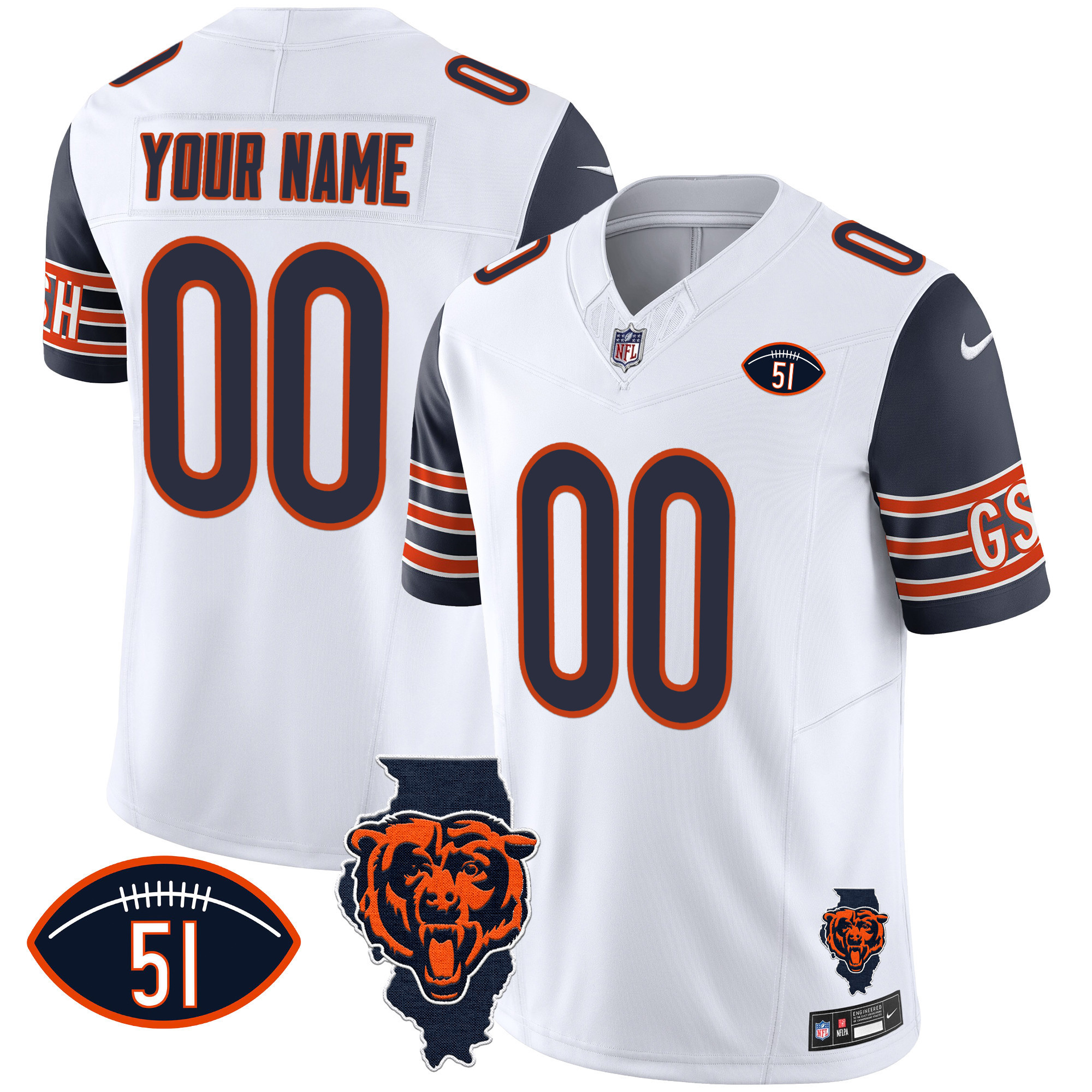 Men's Chicago Bears Illinois Patch Vapor Custom Navy Sleeves Jersey - All Stitched