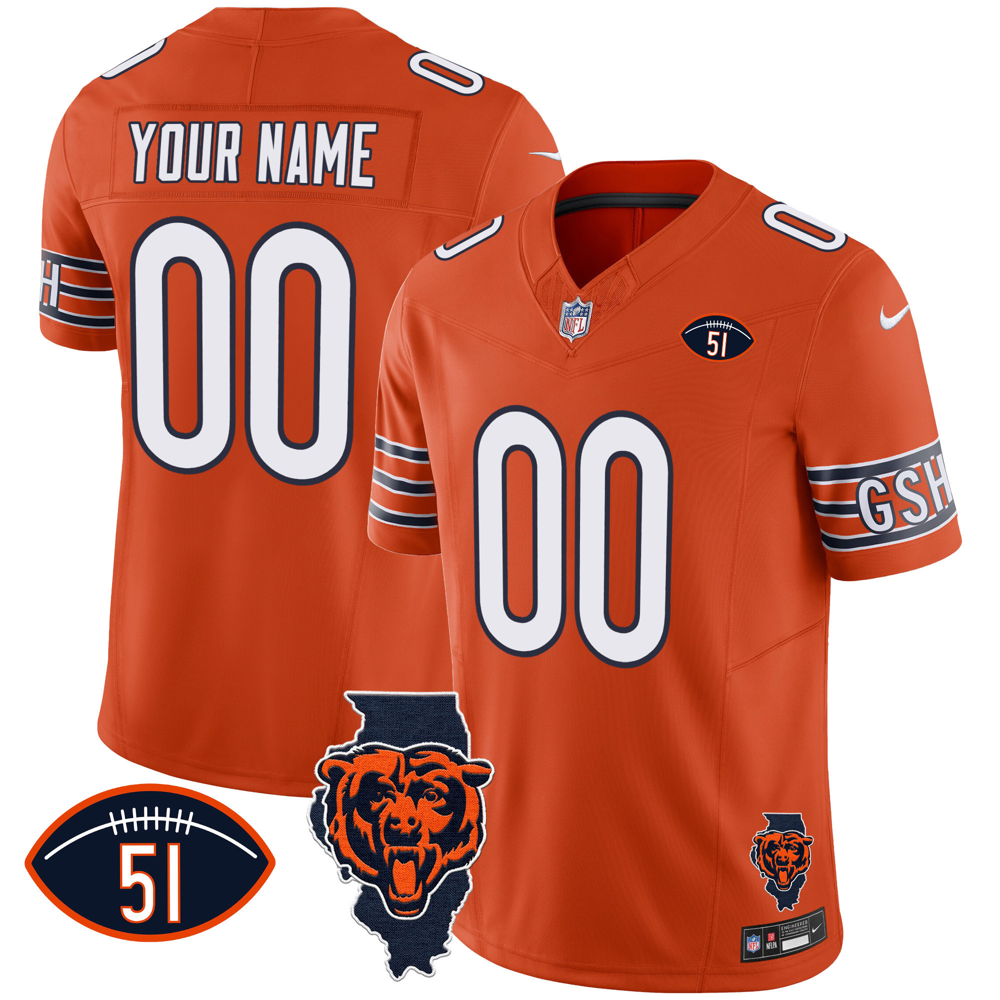 Men's Chicago Bears Illinois Patch Vapor Custom Orange Jersey - All Stitched