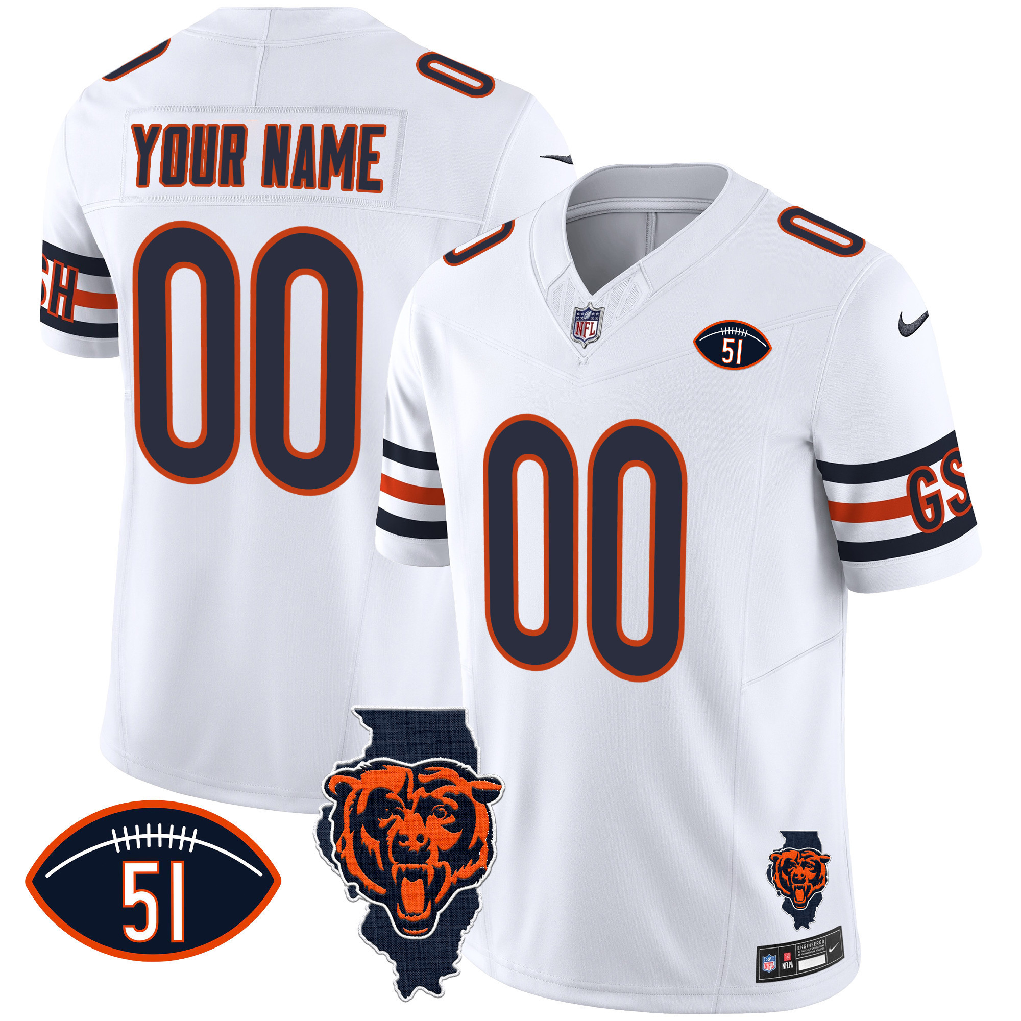 Men's Chicago Bears Illinois Patch Vapor Custom White Jersey - All Stitched