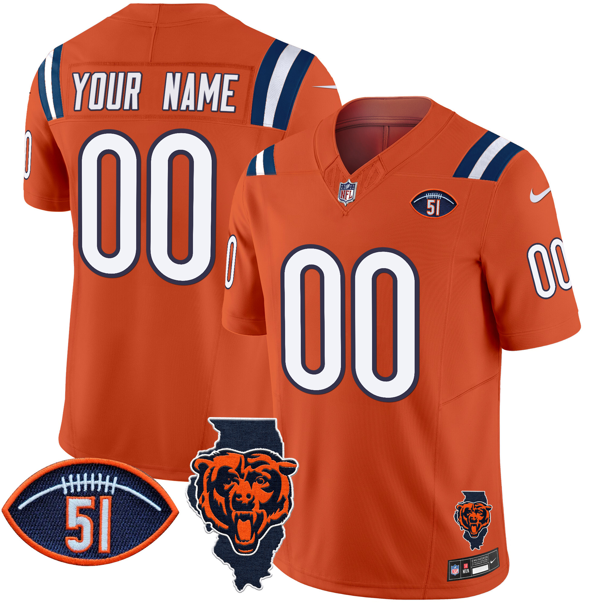 Men's Chicago Bears Illinois Patch Vapor Limited Custom Orange Jersey - All Stitched