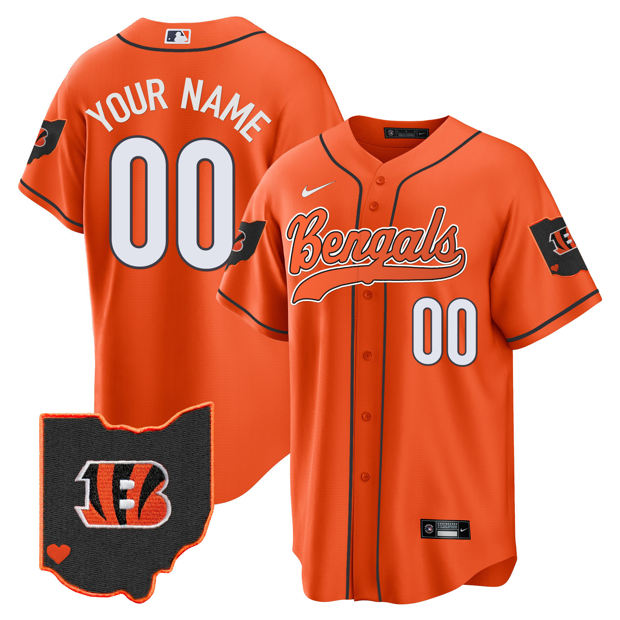 Men's Cincinnati Bengals Ohio Patch Baseball Custom Orange Jersey - All Stitched