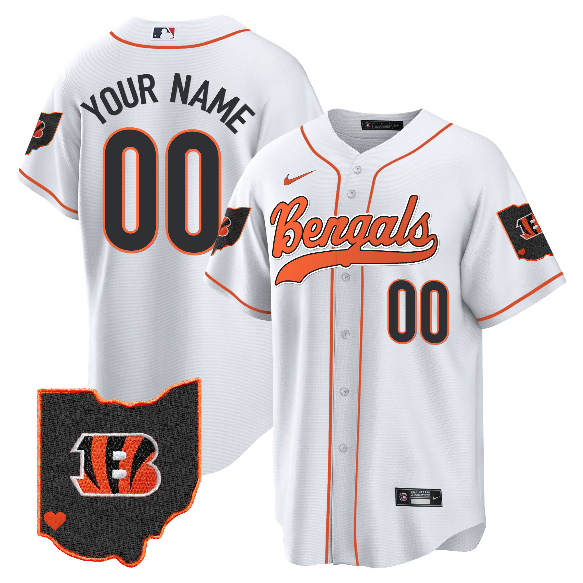 Men's Cincinnati Bengals Ohio Patch Baseball Custom White Jersey - All Stitched