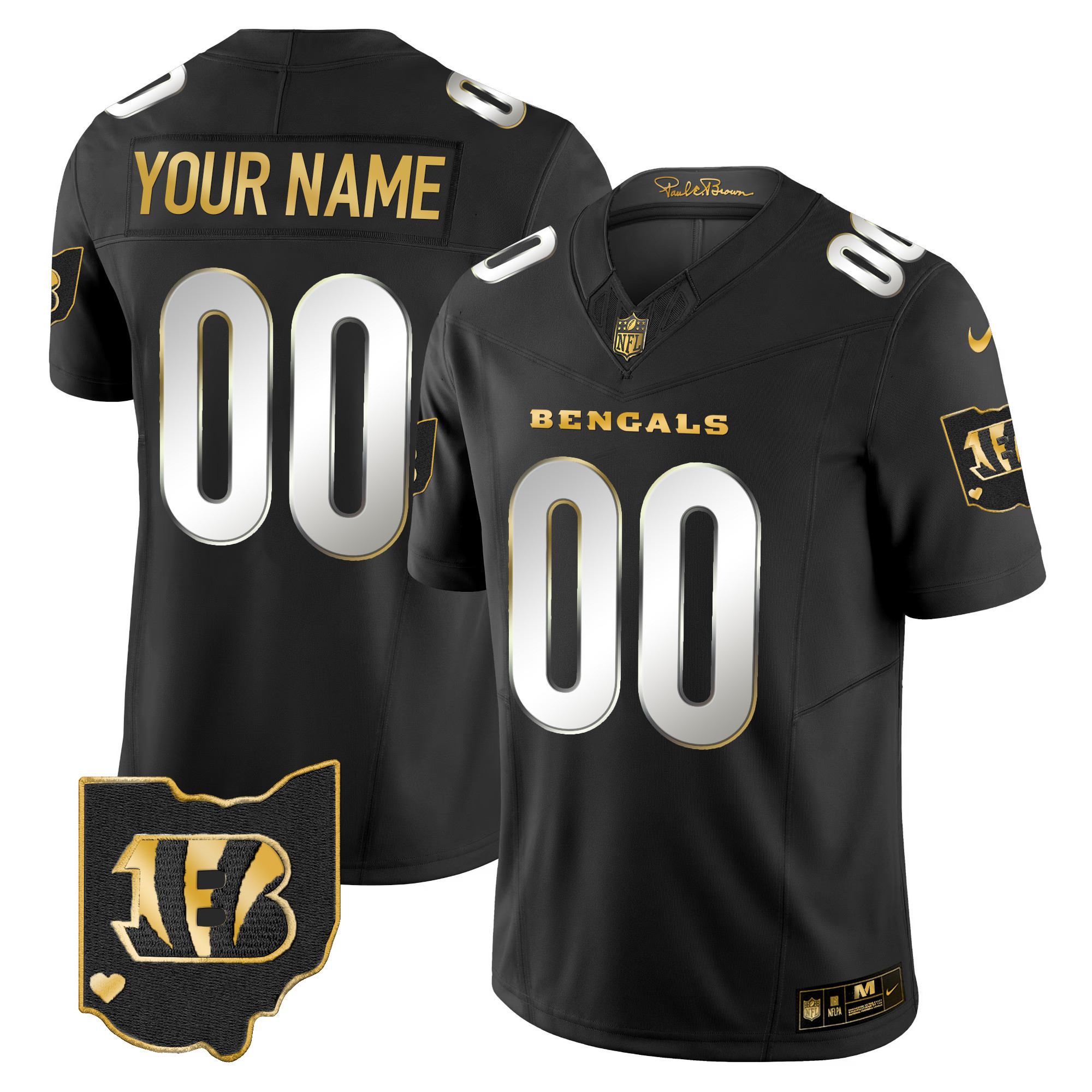 Men's Cincinnati Bengals Ohio Patch Vapor Limited Gold Custom Black Limited Jersey - All Stitched