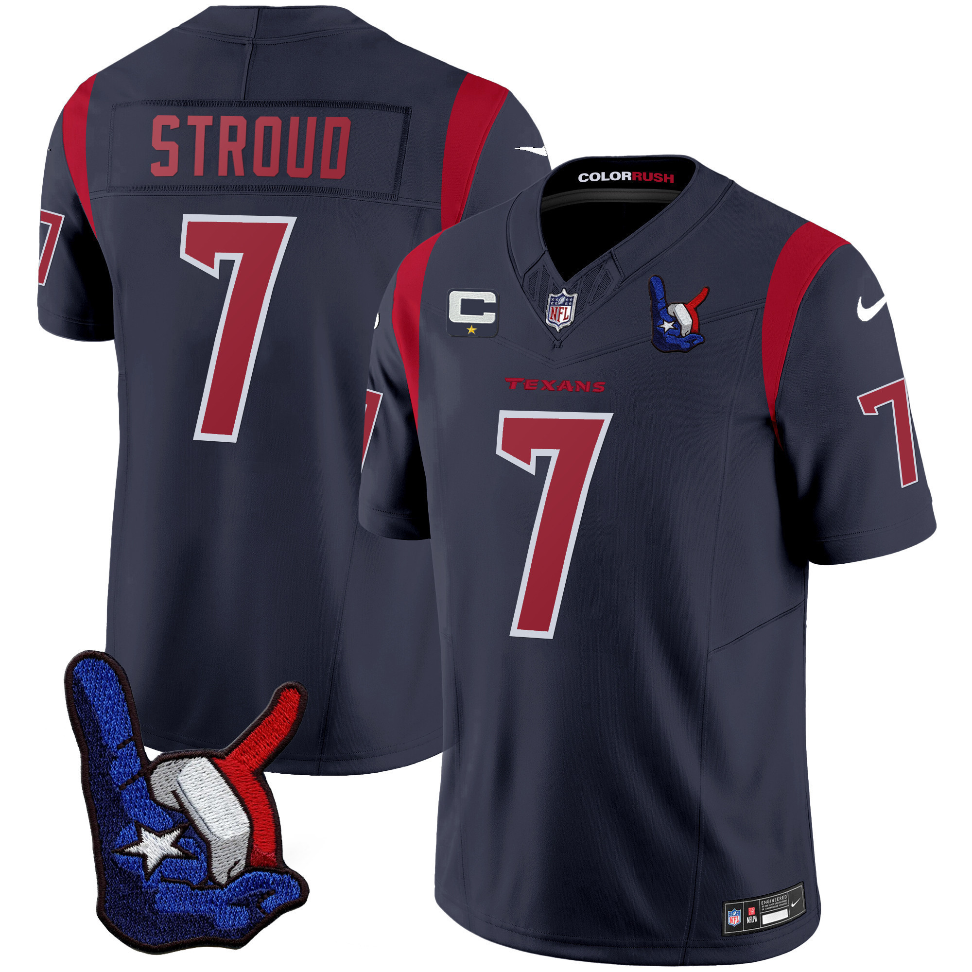 Men's CJ Stroud Houston Texans Color Rush Hand Sign Throwing Up The H Navy Jersey - All Stitched
