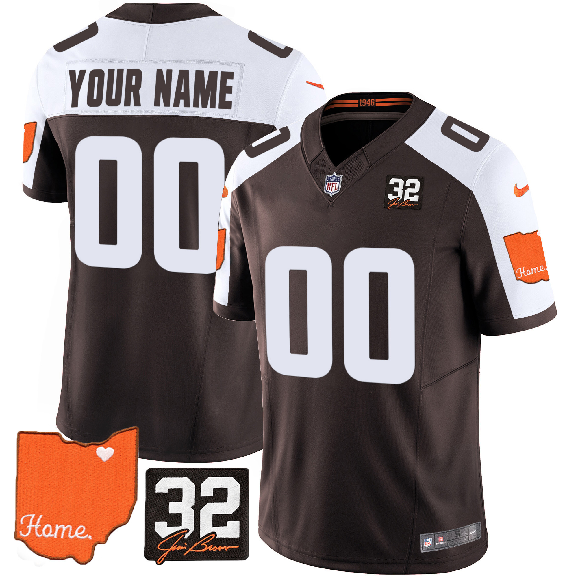 Men's Cleveland Browns #32 Jim Brown Memorial & Home Patch Custom Alternate Jersey - All Stitched