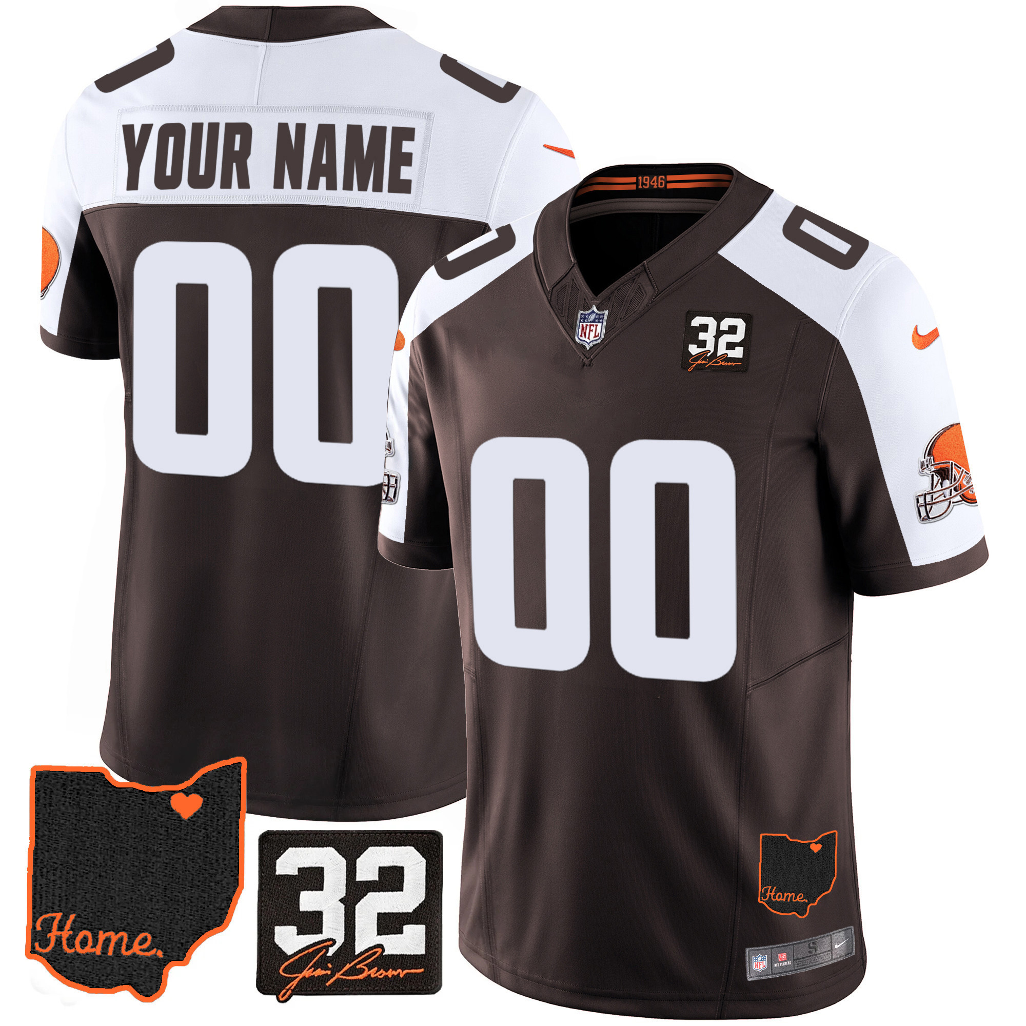 Men's Cleveland Browns #32 Jim Brown Memorial & Home Patch Custom Alternate Jersey - All Stitched