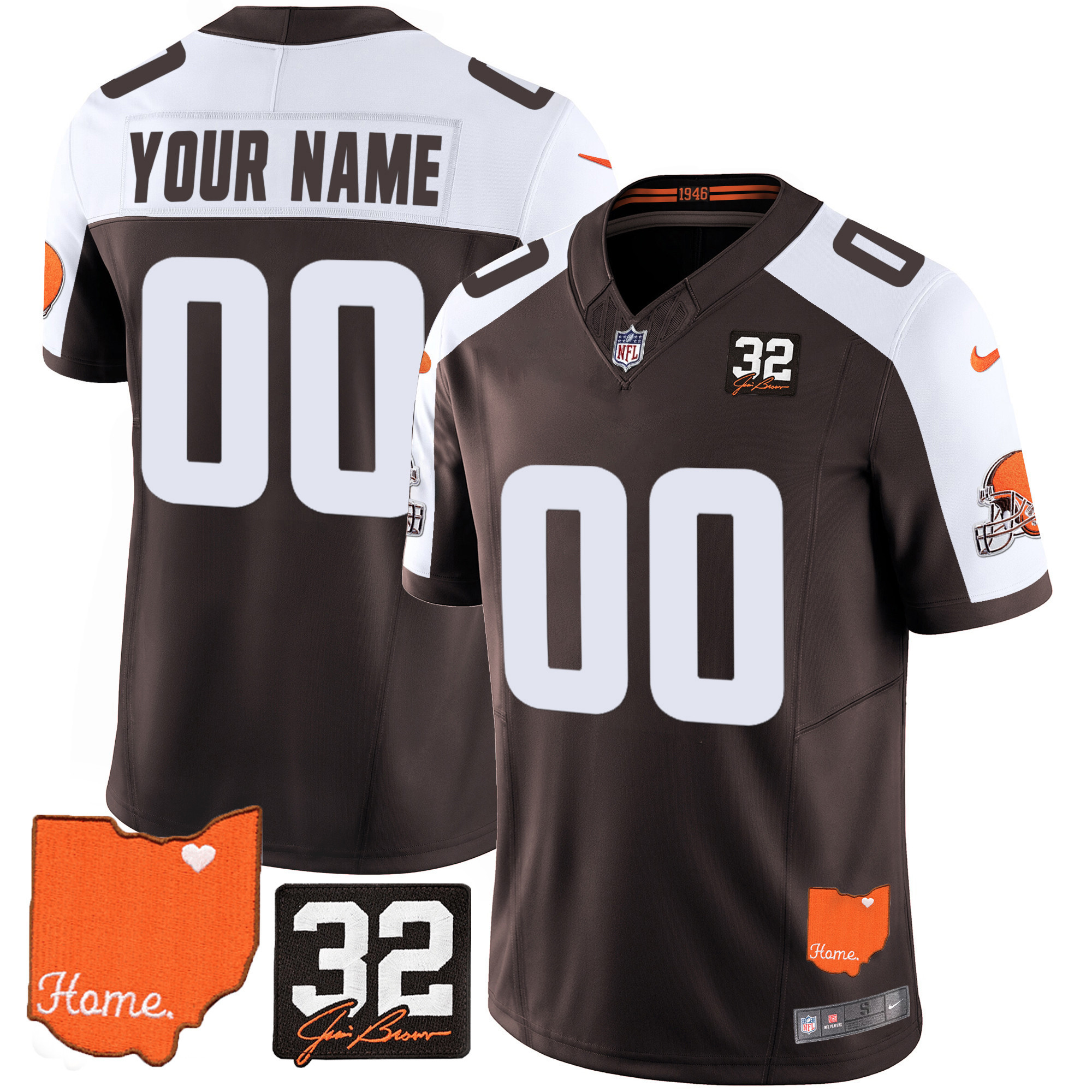 Men's Cleveland Browns #32 Jim Brown Memorial & Home Patch Custom Alternate Jersey - All Stitched
