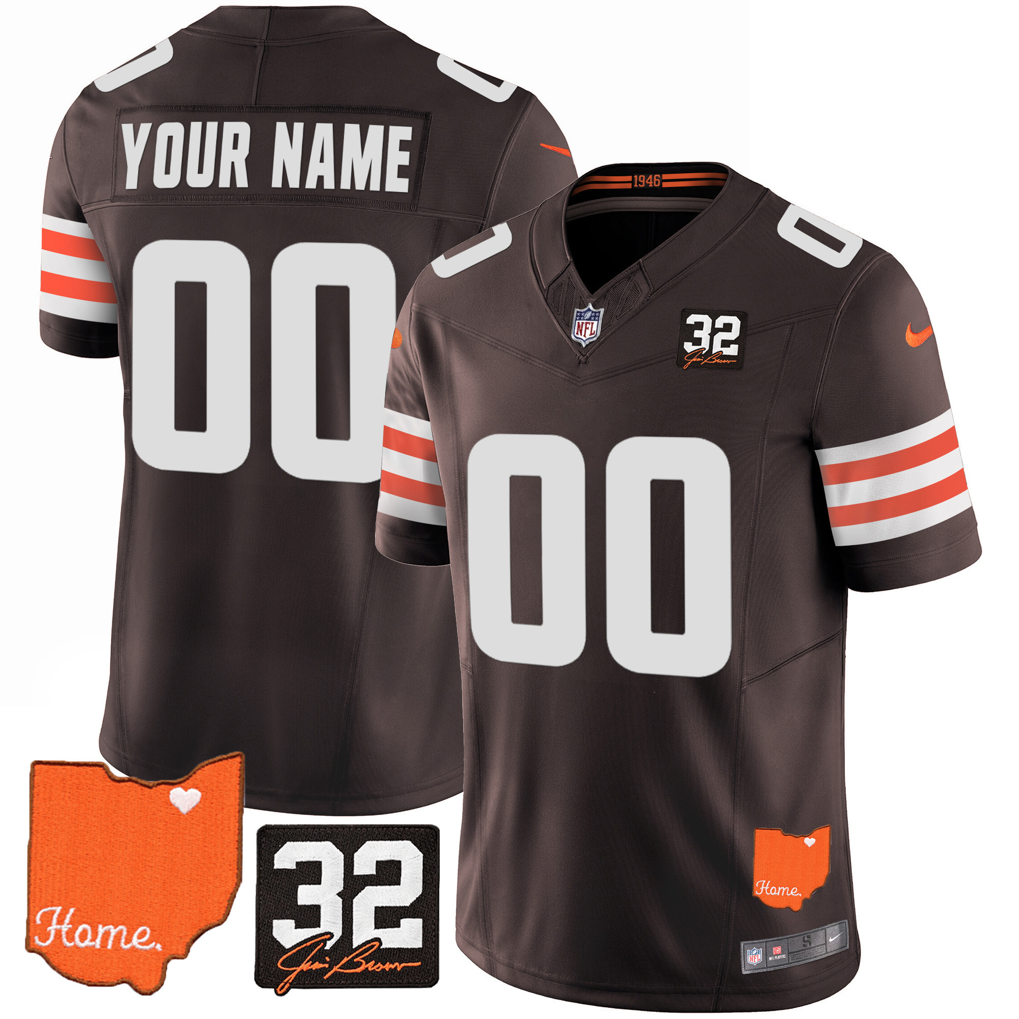 Men's Cleveland Browns #32 Jim Brown Memorial & Home Patch Custom Brown Jersey - All Stitched