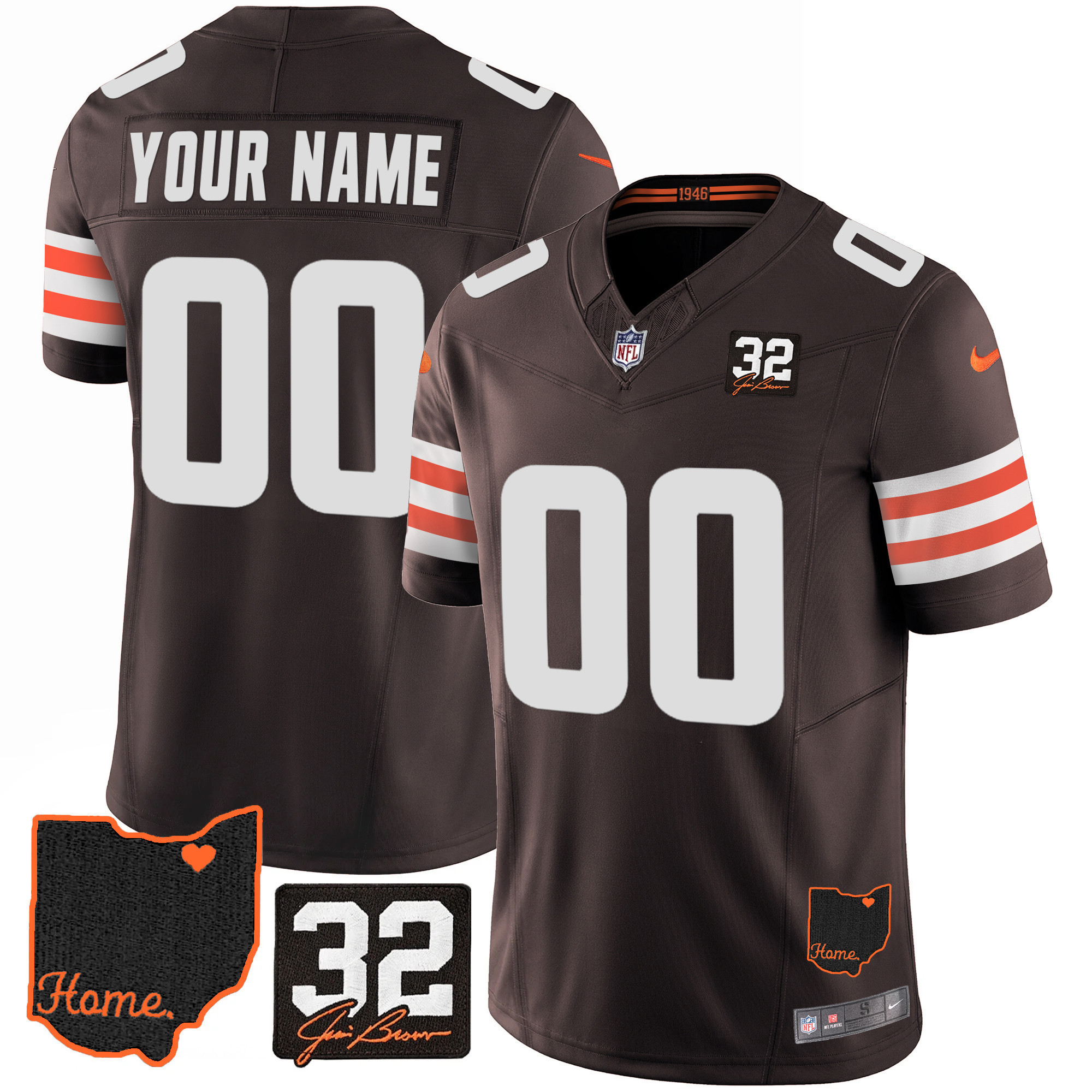 Men's Cleveland Browns #32 Jim Brown Memorial & Home Patch Custom Brown Jersey - All Stitched