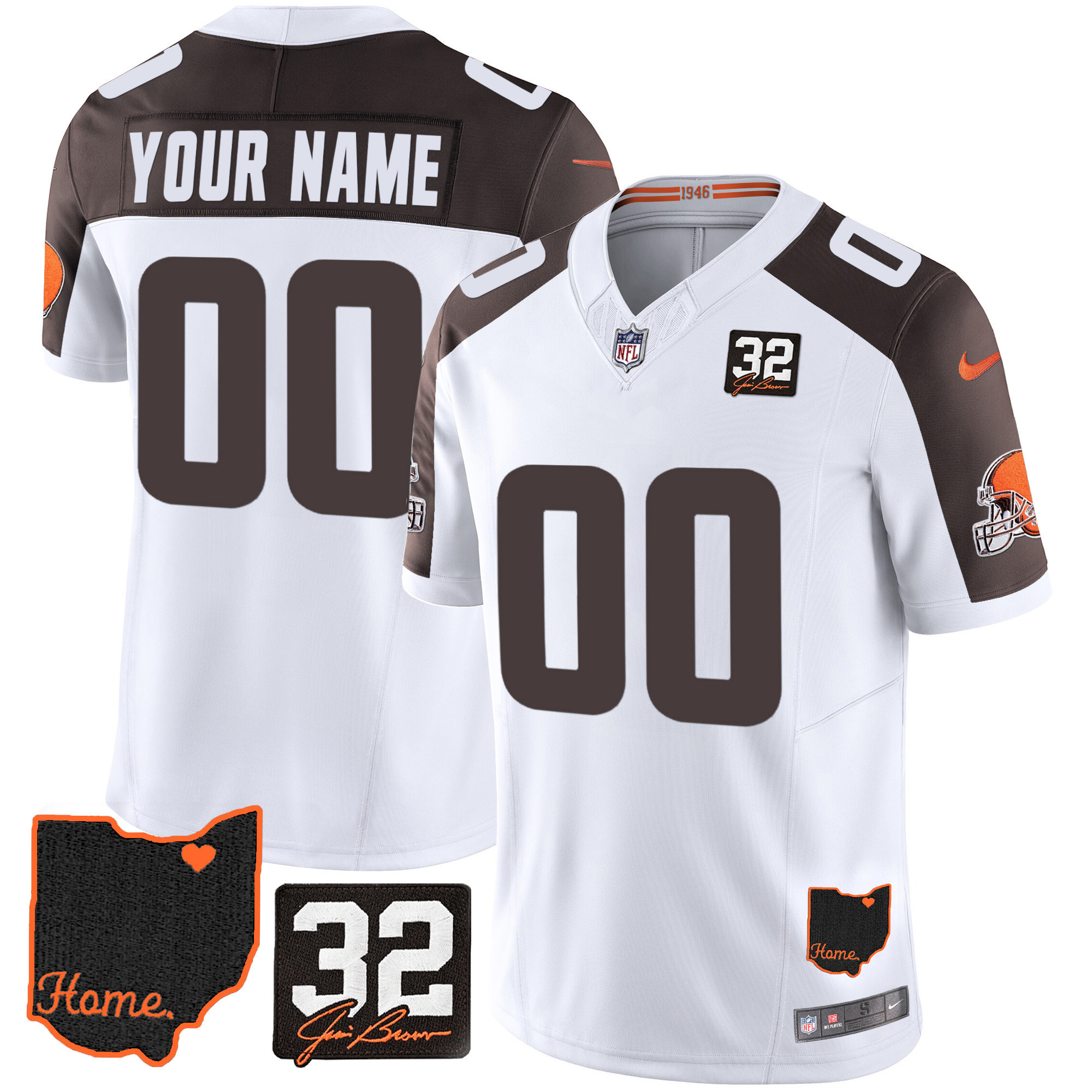 Men's Cleveland Browns #32 Jim Brown Memorial & Home Patch Custom Inverted Jersey - All Stitched