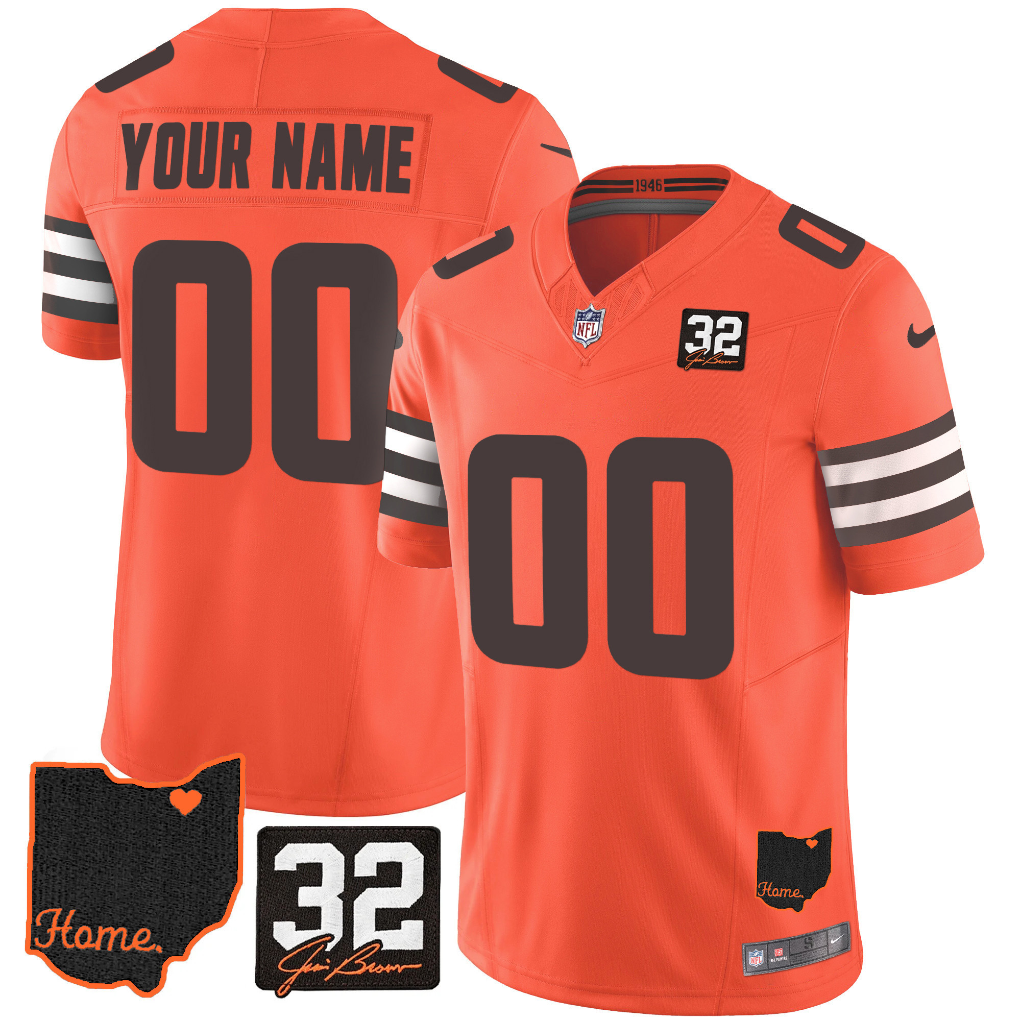 Men's Cleveland Browns #32 Jim Brown Memorial & Home Patch Custom Orange Jersey - All Stitched