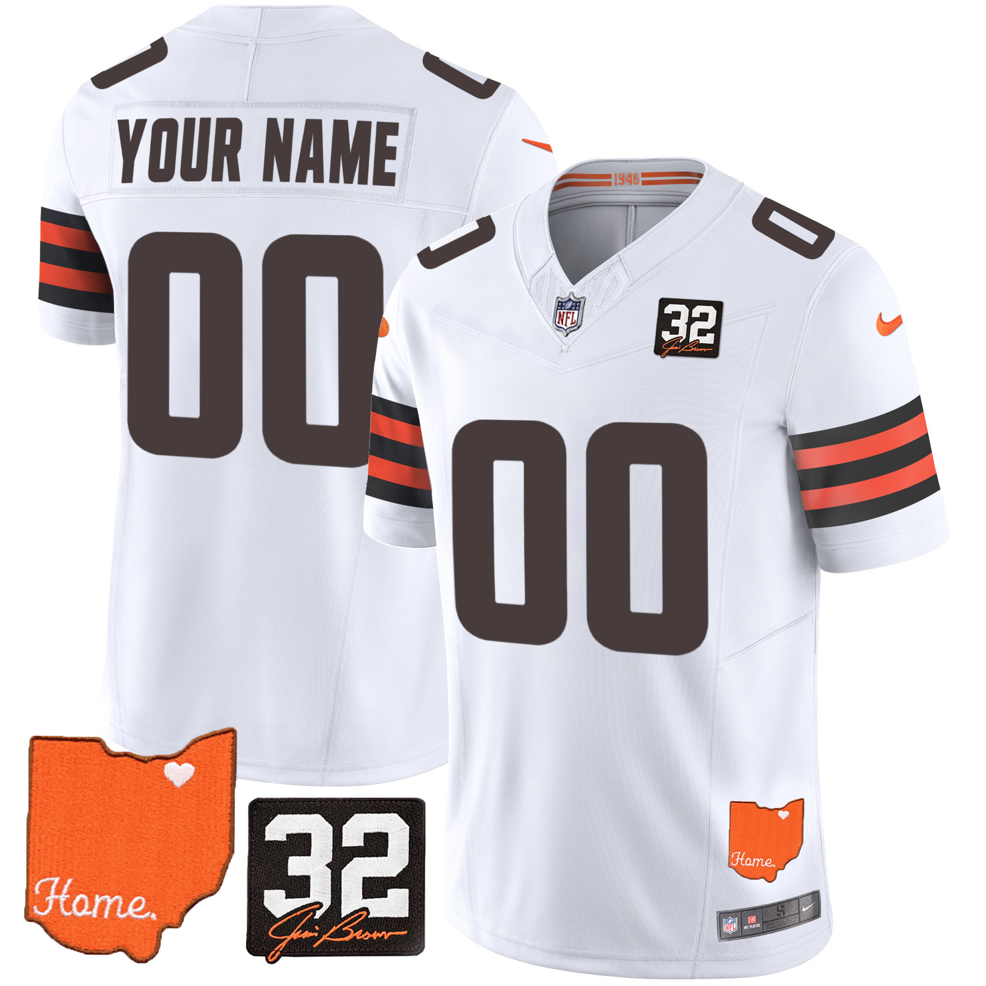 Men's Cleveland Browns #32 Jim Brown Memorial & Home Patch Custom White Jersey - All Stitched