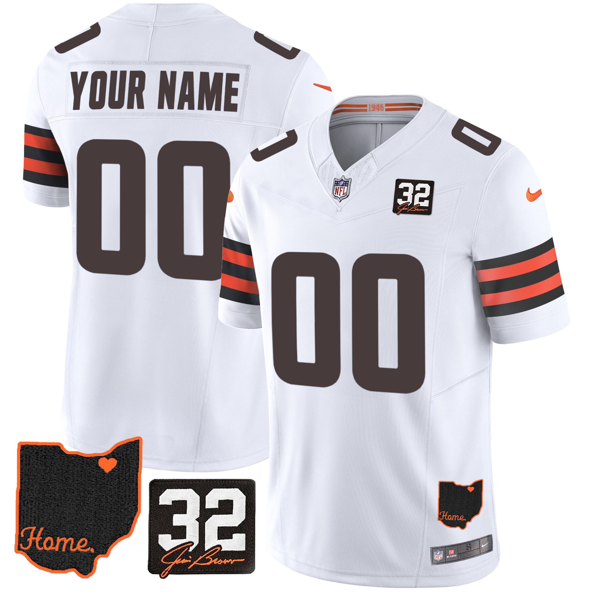 Men's Cleveland Browns #32 Jim Brown Memorial & Home Patch Custom White Jersey - All Stitched