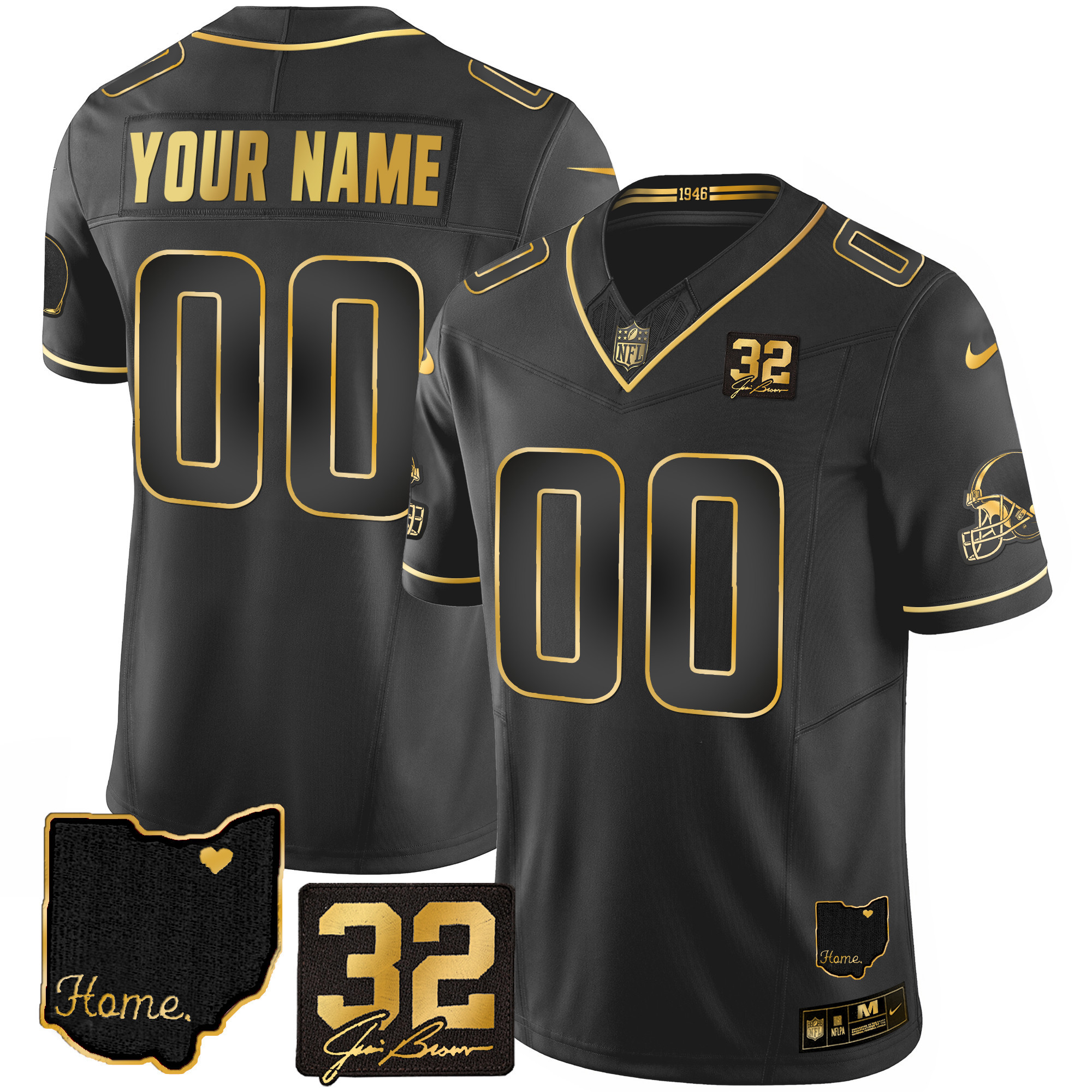 Men's Cleveland Browns #32 Jim Brown Memorial & Home Patch Gold Custom Black Gold Jersey - All Stitched