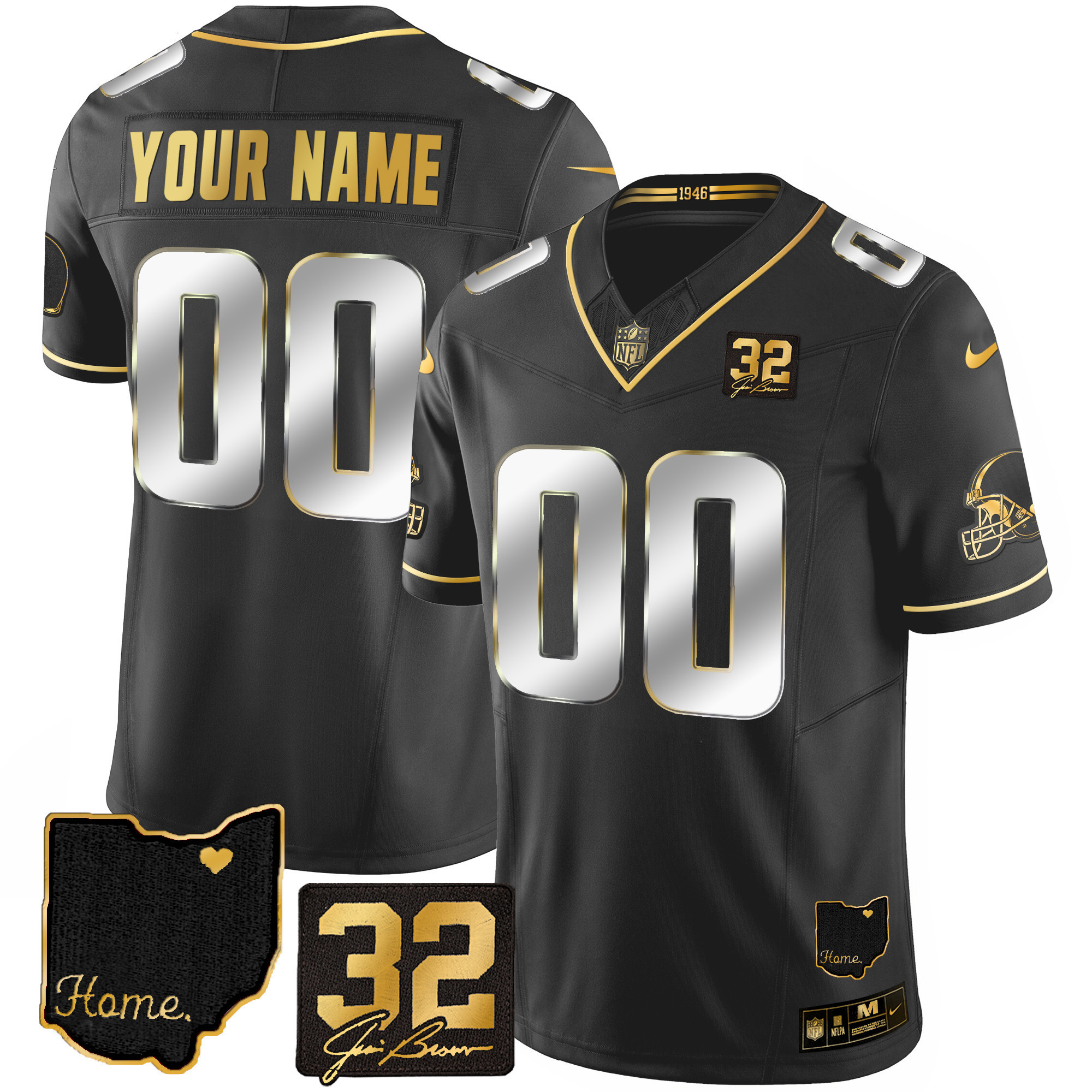 Men's Cleveland Browns #32 Jim Brown Memorial & Home Patch Gold Custom Black Limited Jersey - All Stitched