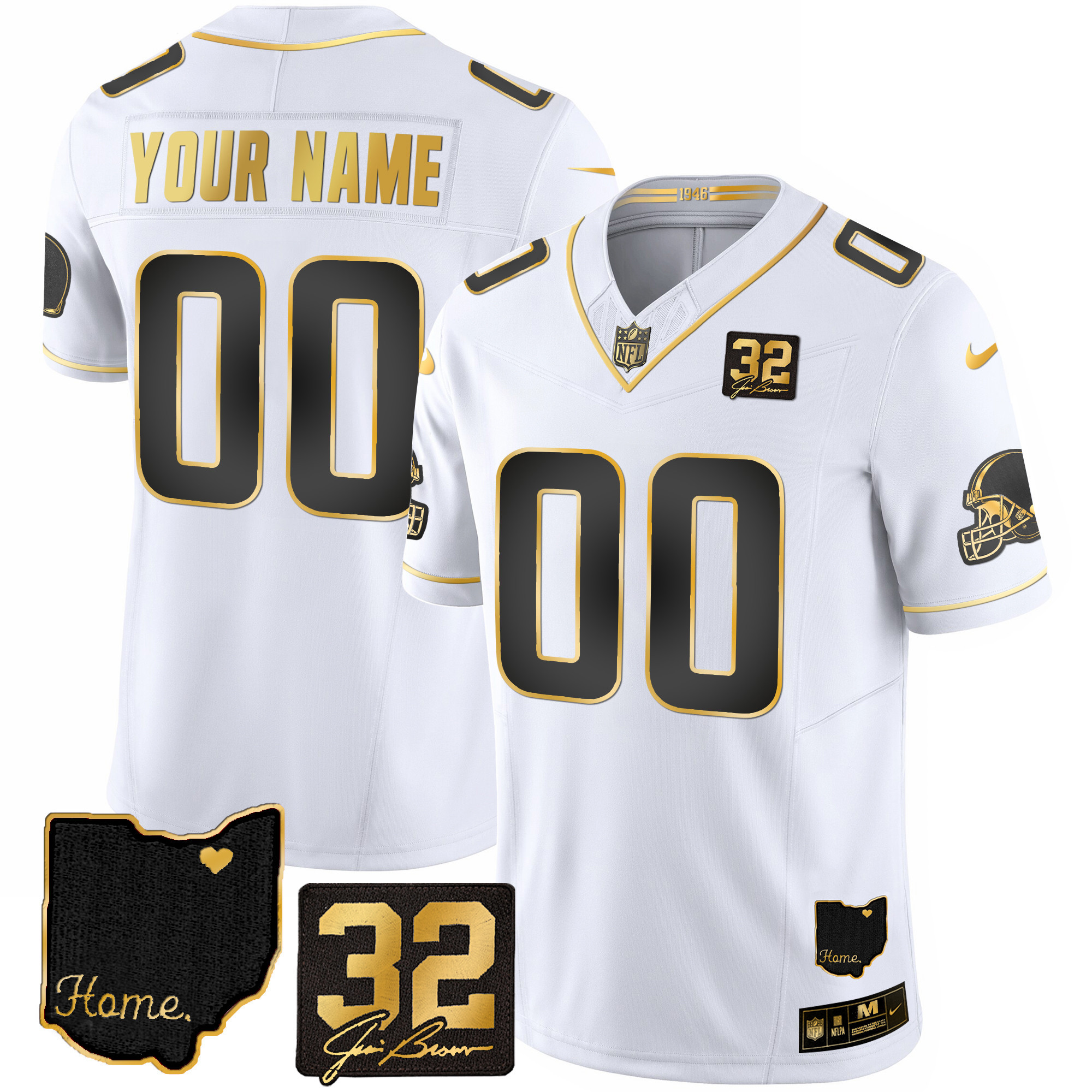 Men's Cleveland Browns #32 Jim Brown Memorial & Home Patch Gold Custom White Gold Jersey - All Stitched