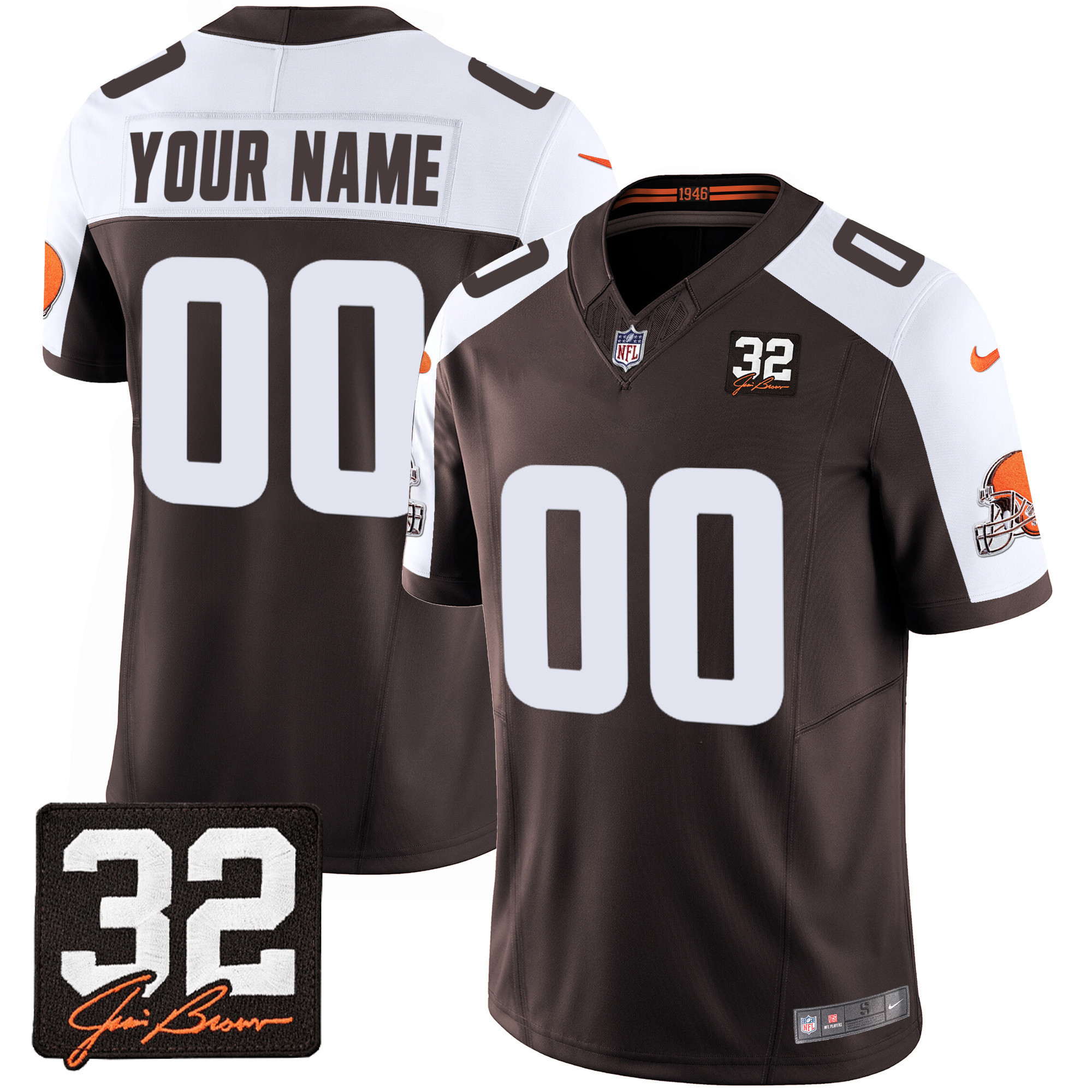 Men's Cleveland Browns #32 Jim Brown Memorial Patch Custom Alternate Jersey - All Stitched