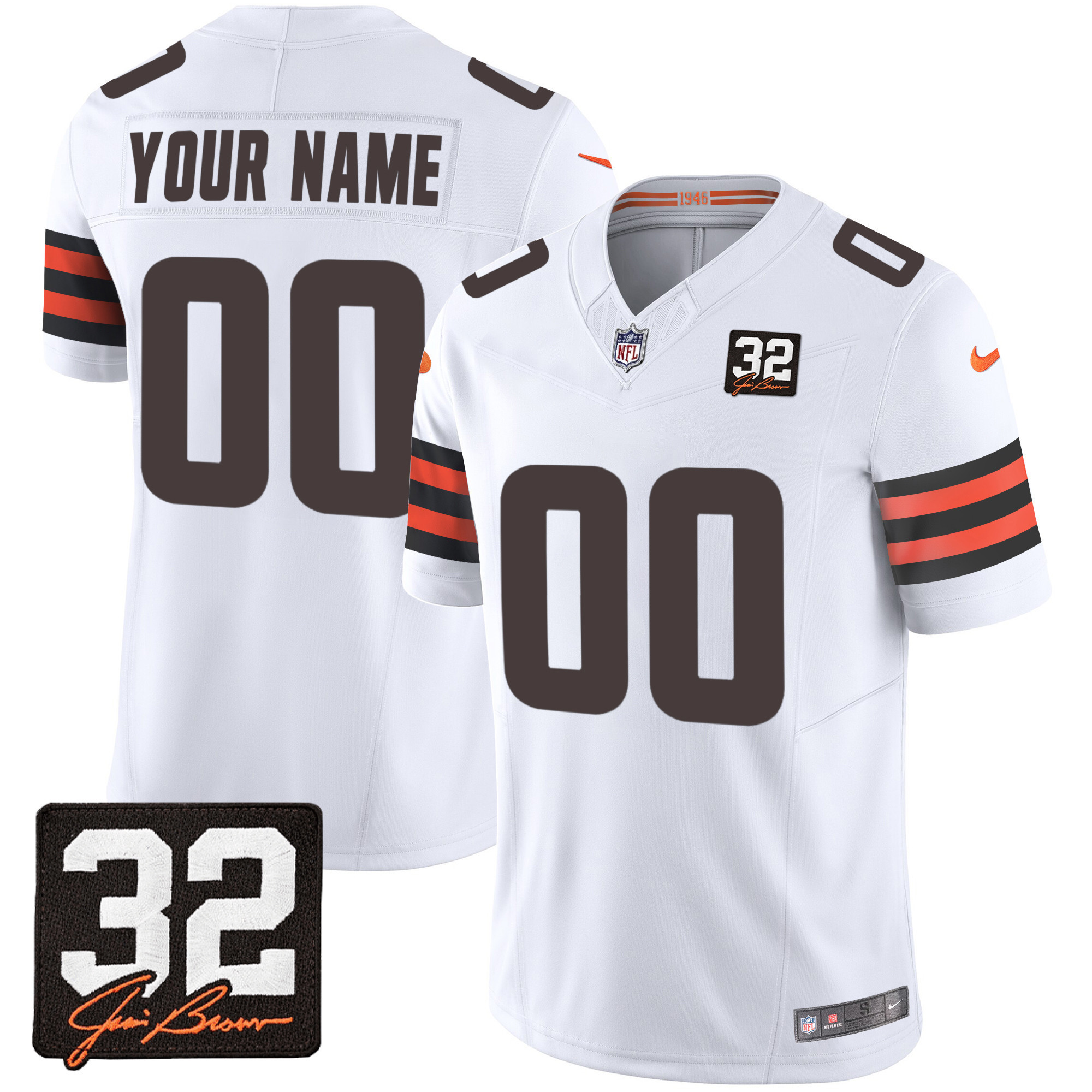 Men's Cleveland Browns #32 Jim Brown Memorial Patch Custom White Jersey - All Stitched