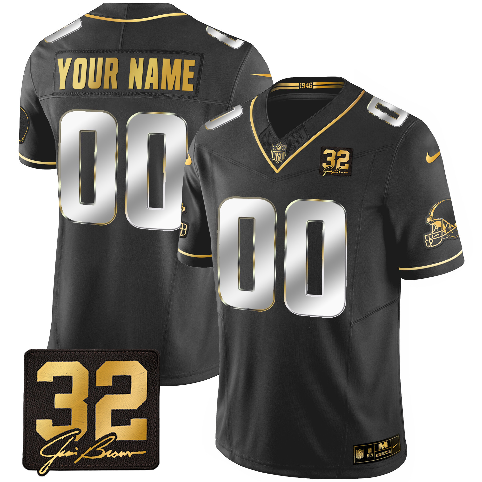 Men's Cleveland Browns #32 Jim Brown Memorial Patch Gold Custom Black Limited Jersey - All Stitched