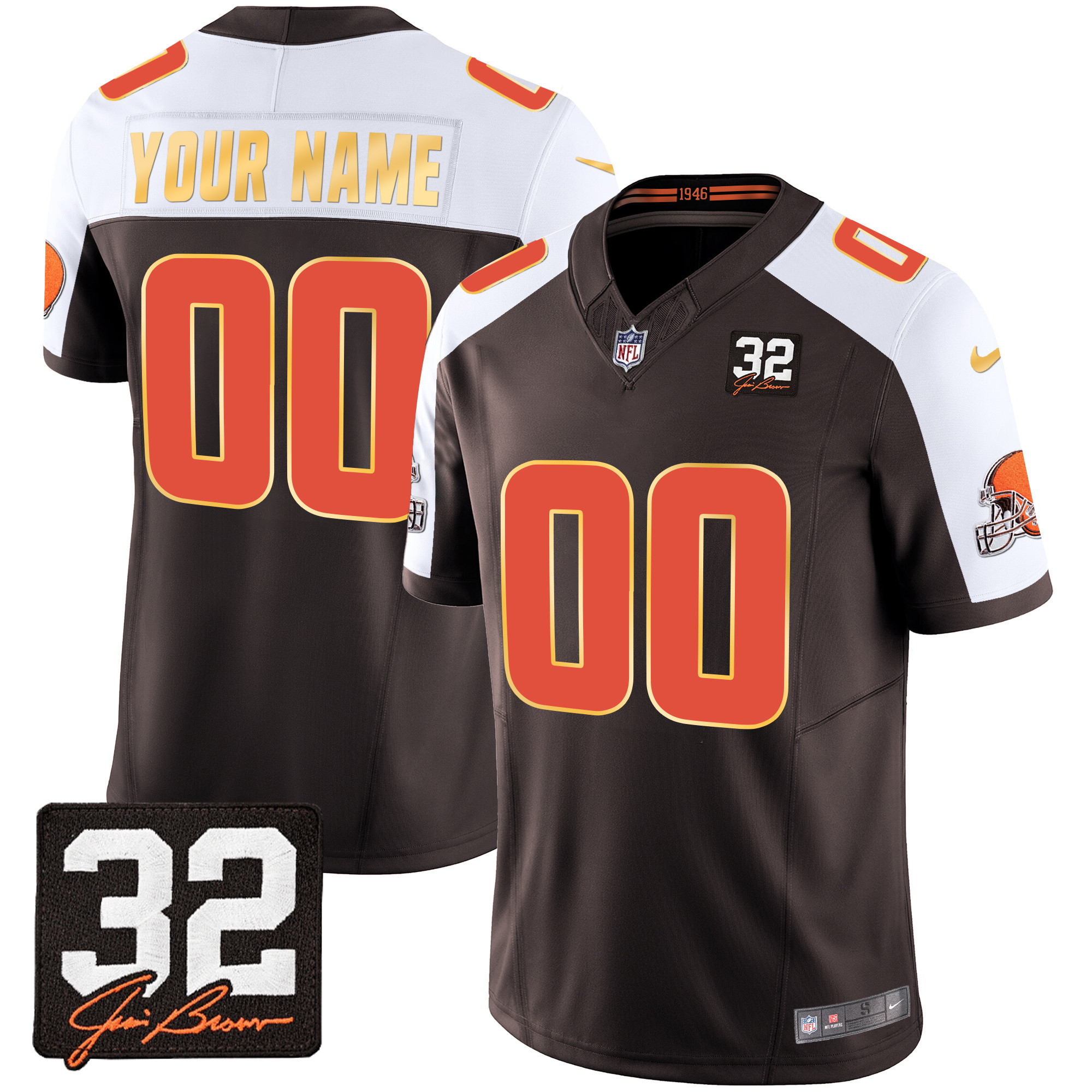 Men's Cleveland Browns #32 Jim Brown Memorial Patch Gold Trim Custom Alternate Jersey - All Stitched