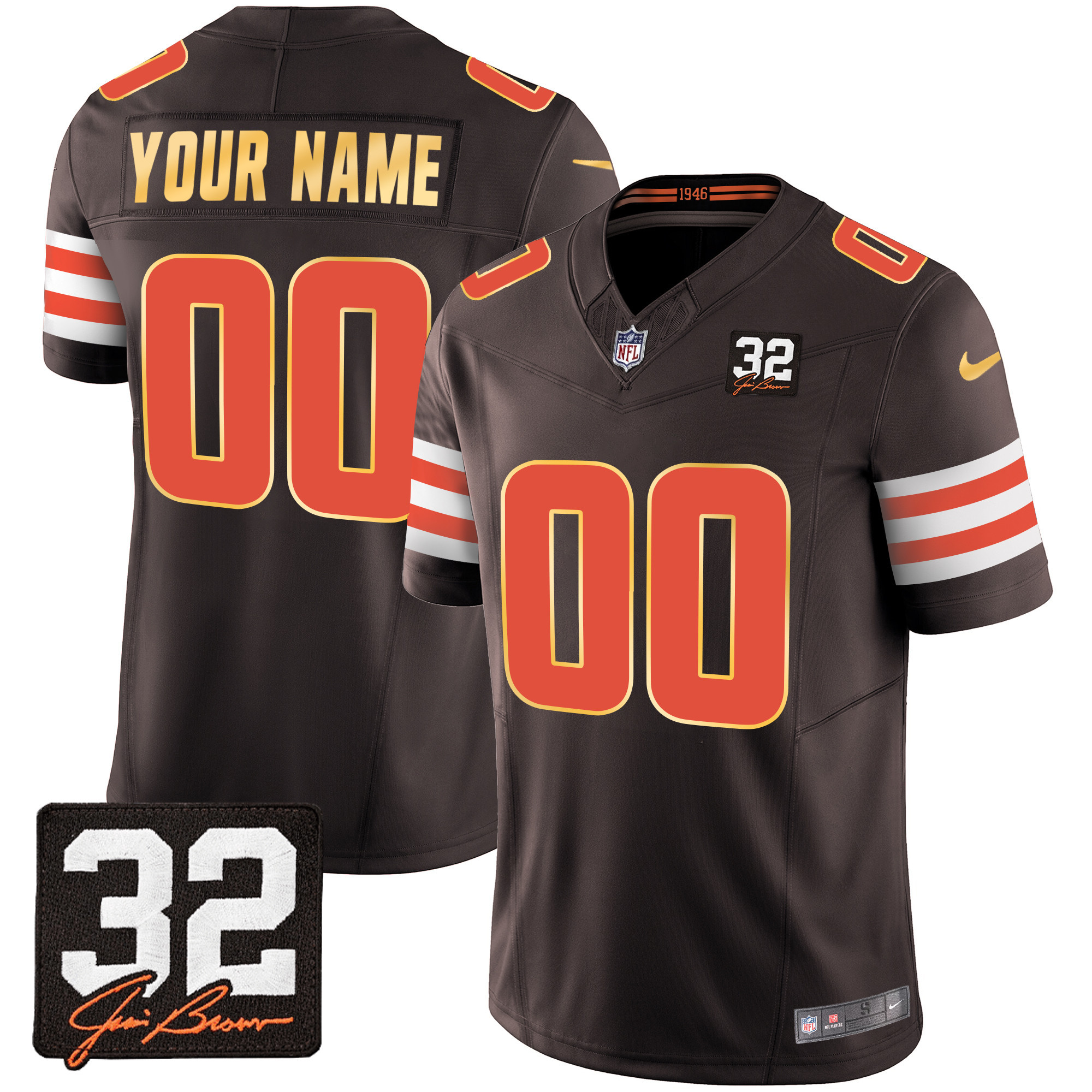 Men's Cleveland Browns #32 Jim Brown Memorial Patch Gold Trim Custom Brown Jersey - All Stitched