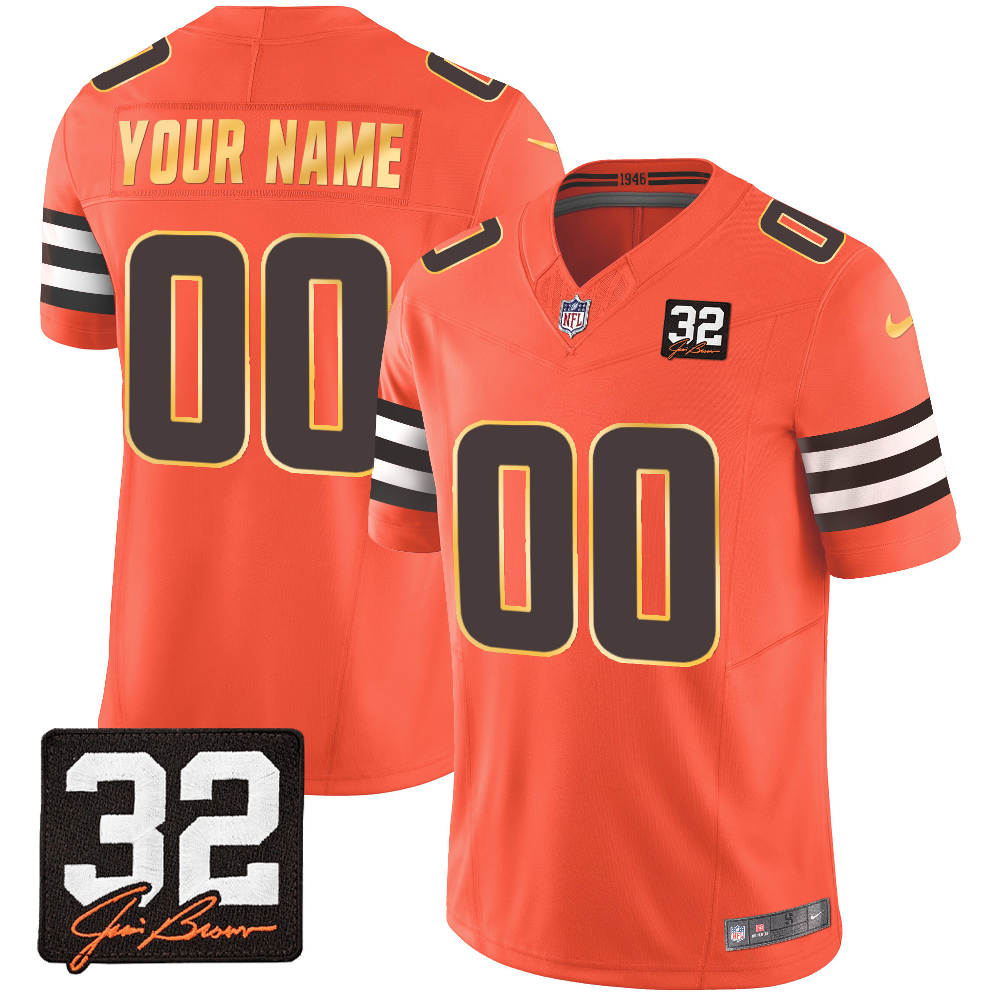 Men's Cleveland Browns #32 Jim Brown Memorial Patch Gold Trim Custom Orange Jersey - All Stitched
